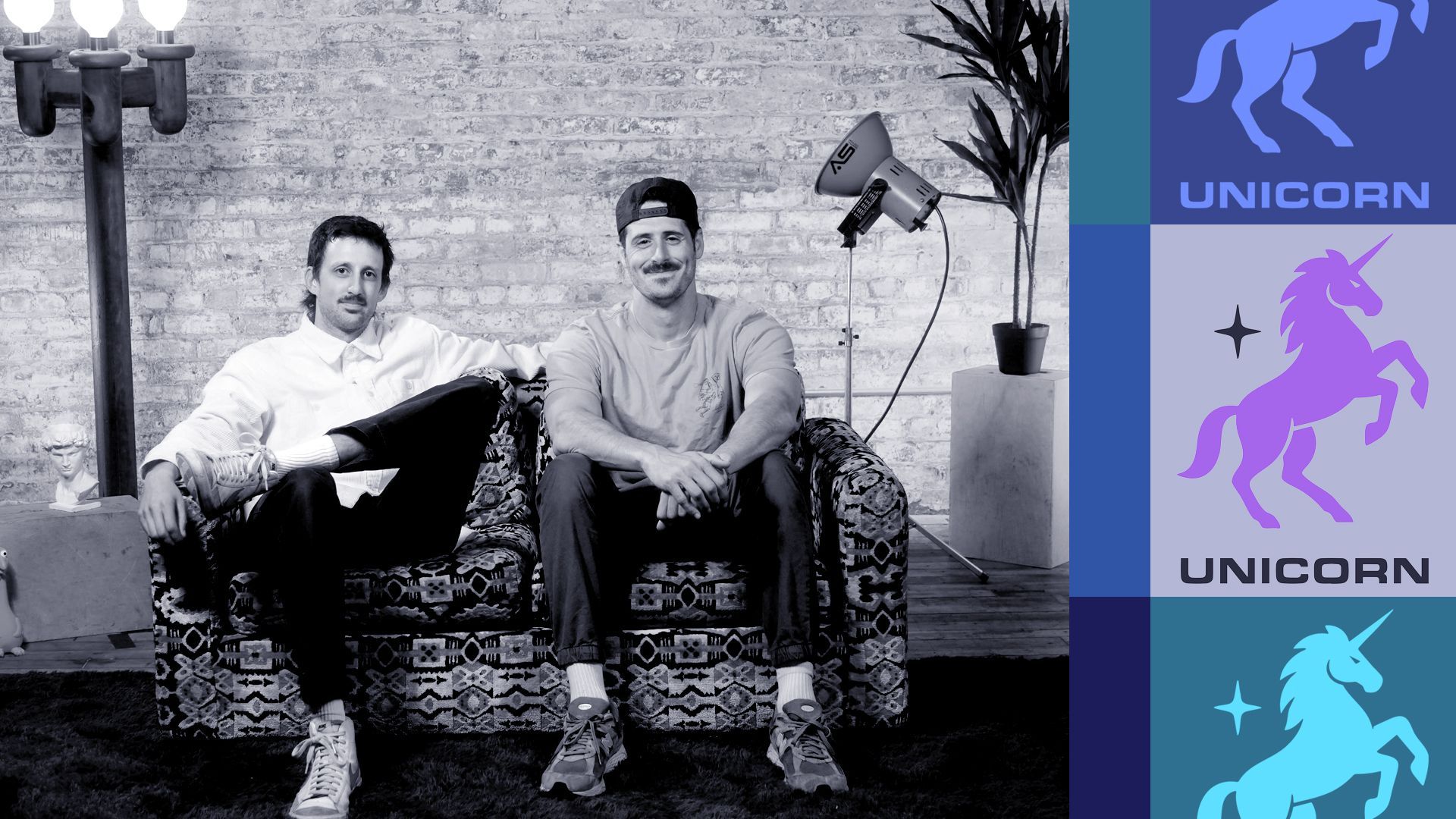 Photo illustration of Unicorn co-founders Chris Gera and Scott Dunn surrounded by abstract shapes and the Unicorn logo. 