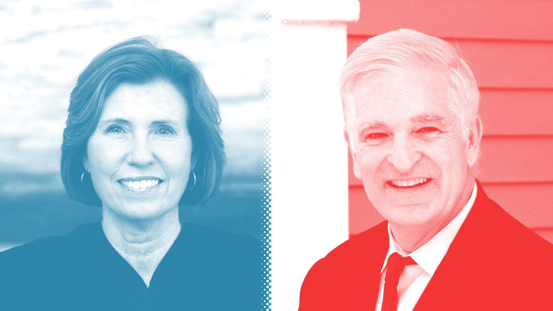 Photo illustration of Elizabeth Rochford, tinted blue, and Mark Curran, tinted red, separated by a white halftone divider.