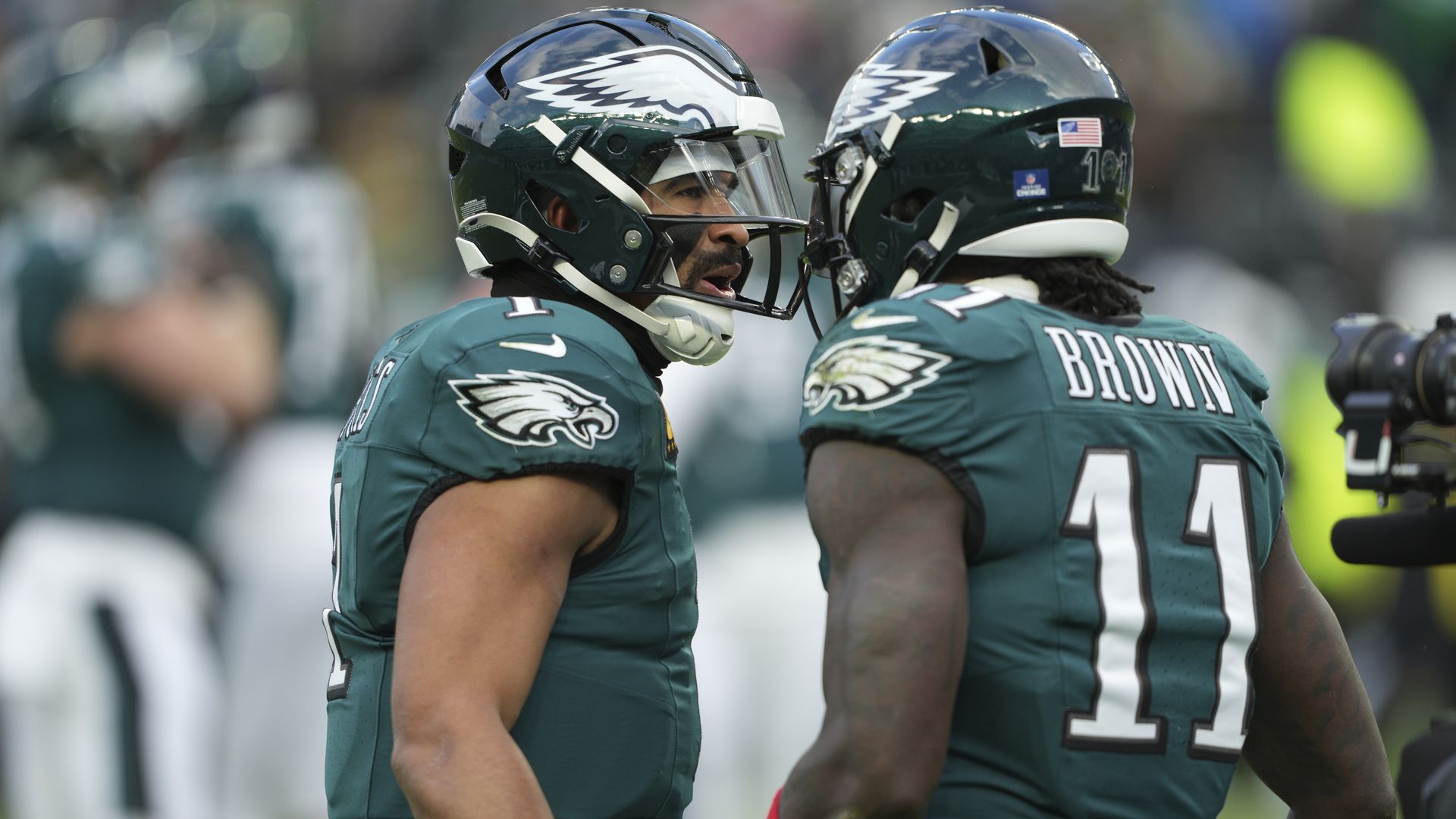 Now-former Eagles wide receiver A.J. Brown celebrates his touchdown with quarterback Jalen Hurts.