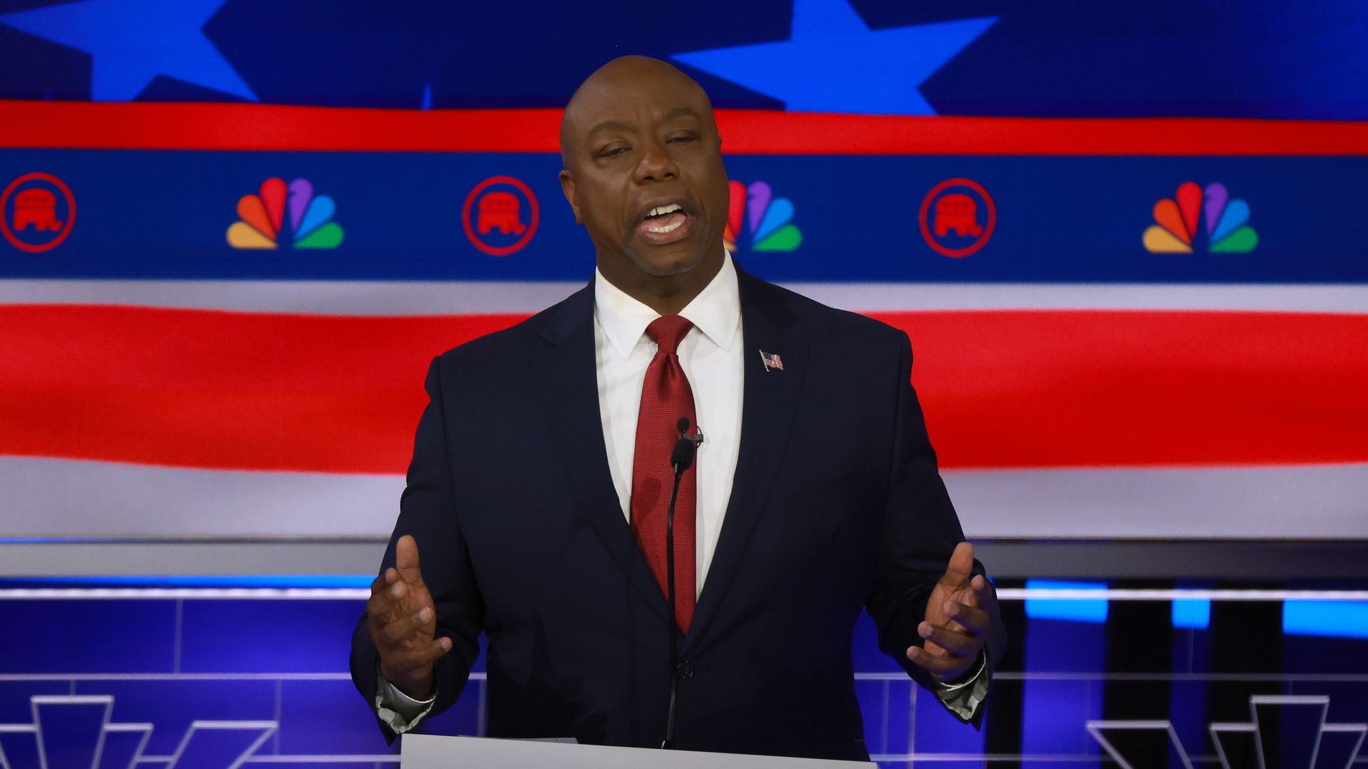Republican presidential candidate U.S. Sen. Tim Scott (R-SC) speaks during the NBC News Republican Presidential Primary Debate at the Adrienne Arsht Center for the Performing Arts of Miami-Dade County on November 8, 2023 in Miami, Florida