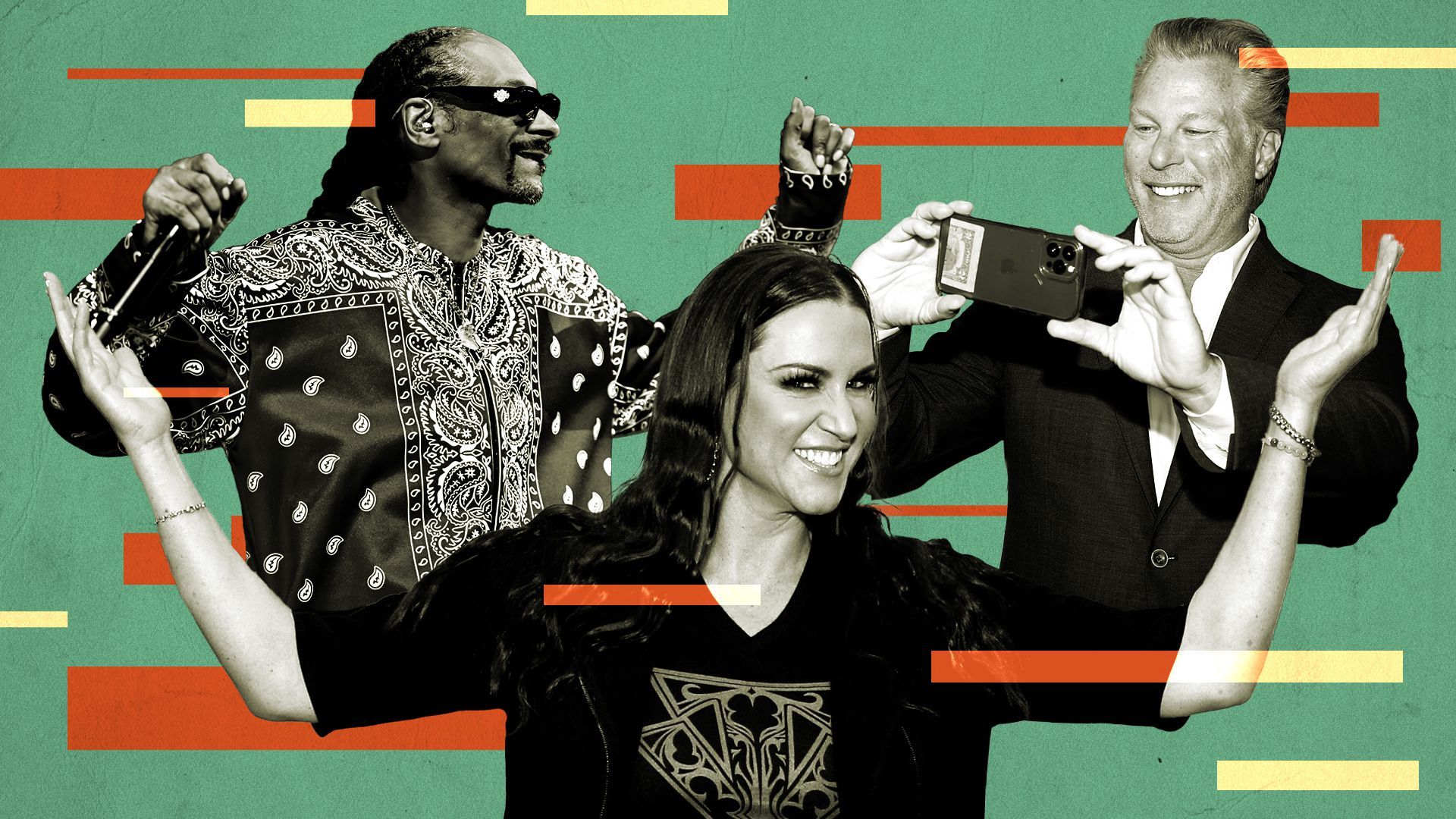 Photo illustration of Snoop Dogg, Stephanie McMahon and Ross Levinsohn.