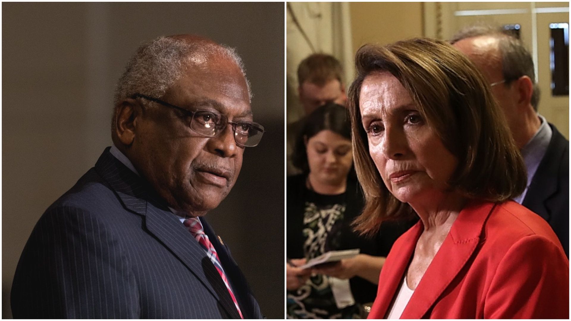 Side by side photos of Jim Clyburn on the left and Nancy Pelosi on the right