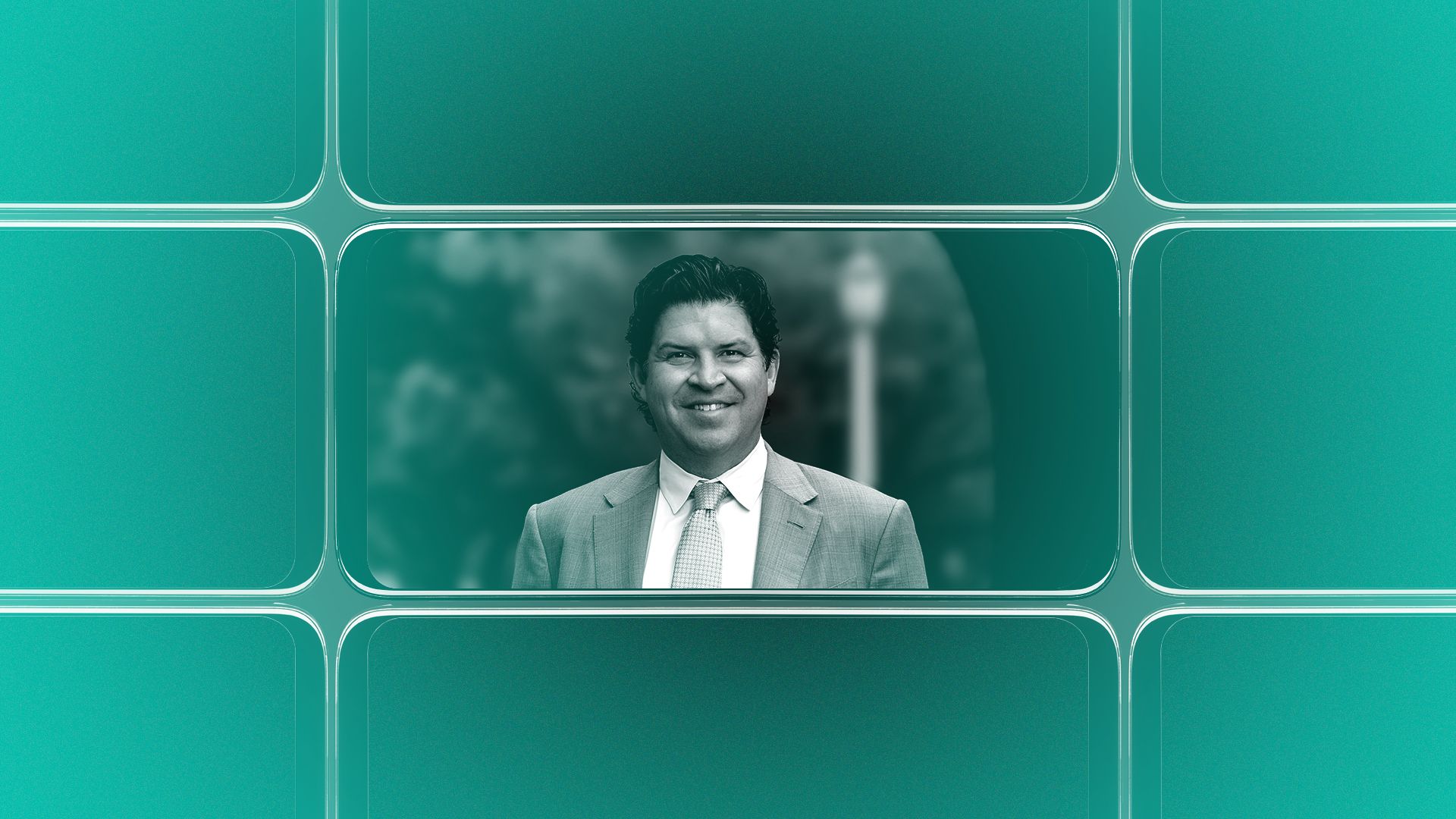 Photo illustration of  Texas Christian University chancellor Daniel Pullin surrounded by screens. 