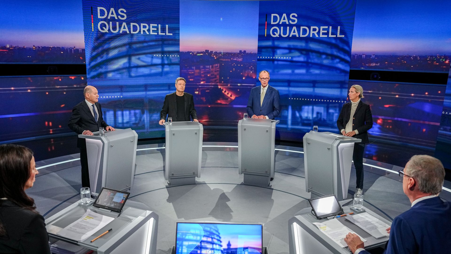 Olaf Scholz (l-r, SPD), Robert Habeck (Alliance 90/The Greens), Federal Minister for Economic Affairs and Climate Protection, Friedrich Merz, Union Chancellor candidate and CDU Federal Chairman, and Alice Weidel, AfD parliamentary group leader, take part in the "Quadrell" of the TV discussion on the