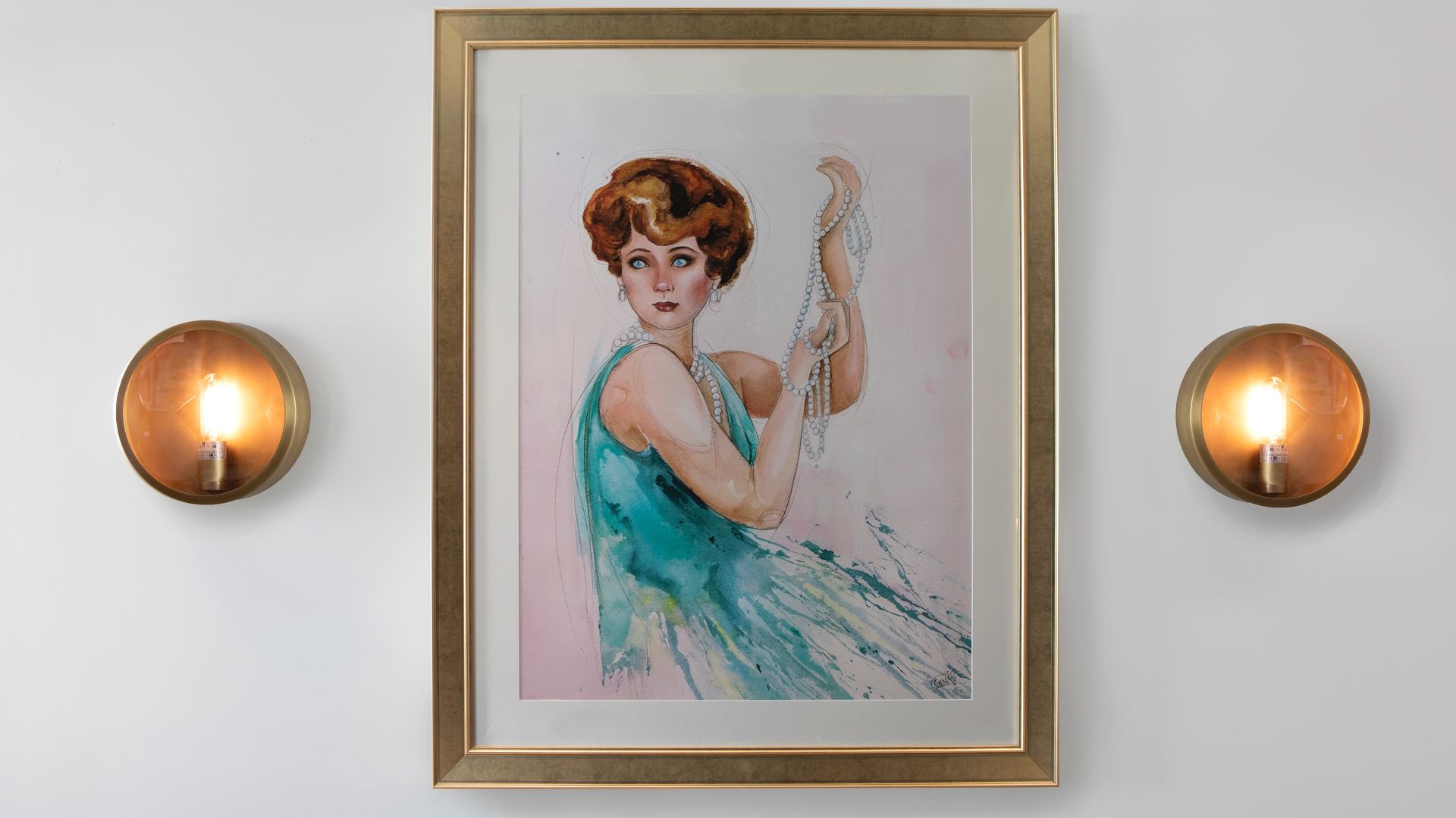 A portrait of a woman with a red bob in a blue dress holding a strand of pearls.