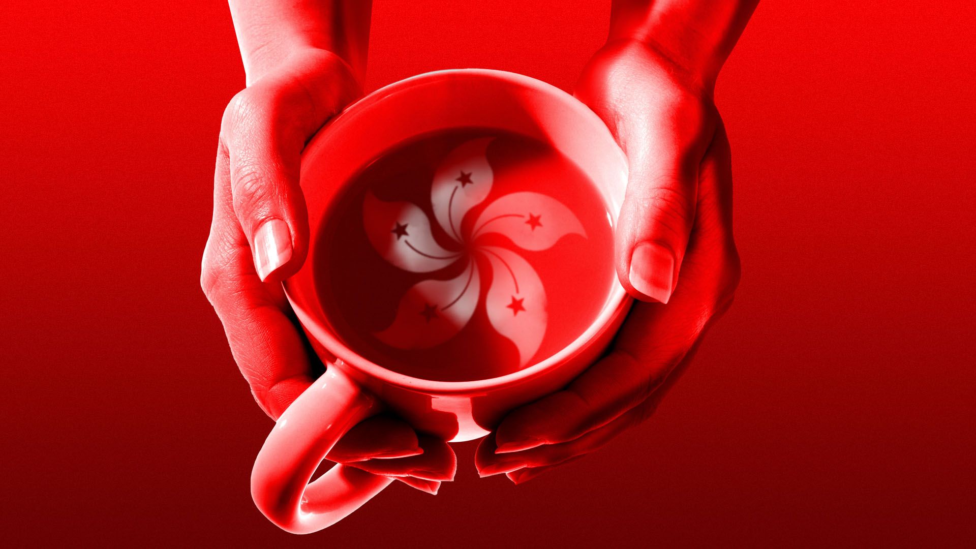 Illustration of hands grasped around a cup of milk tea with the Hong Kong flag within