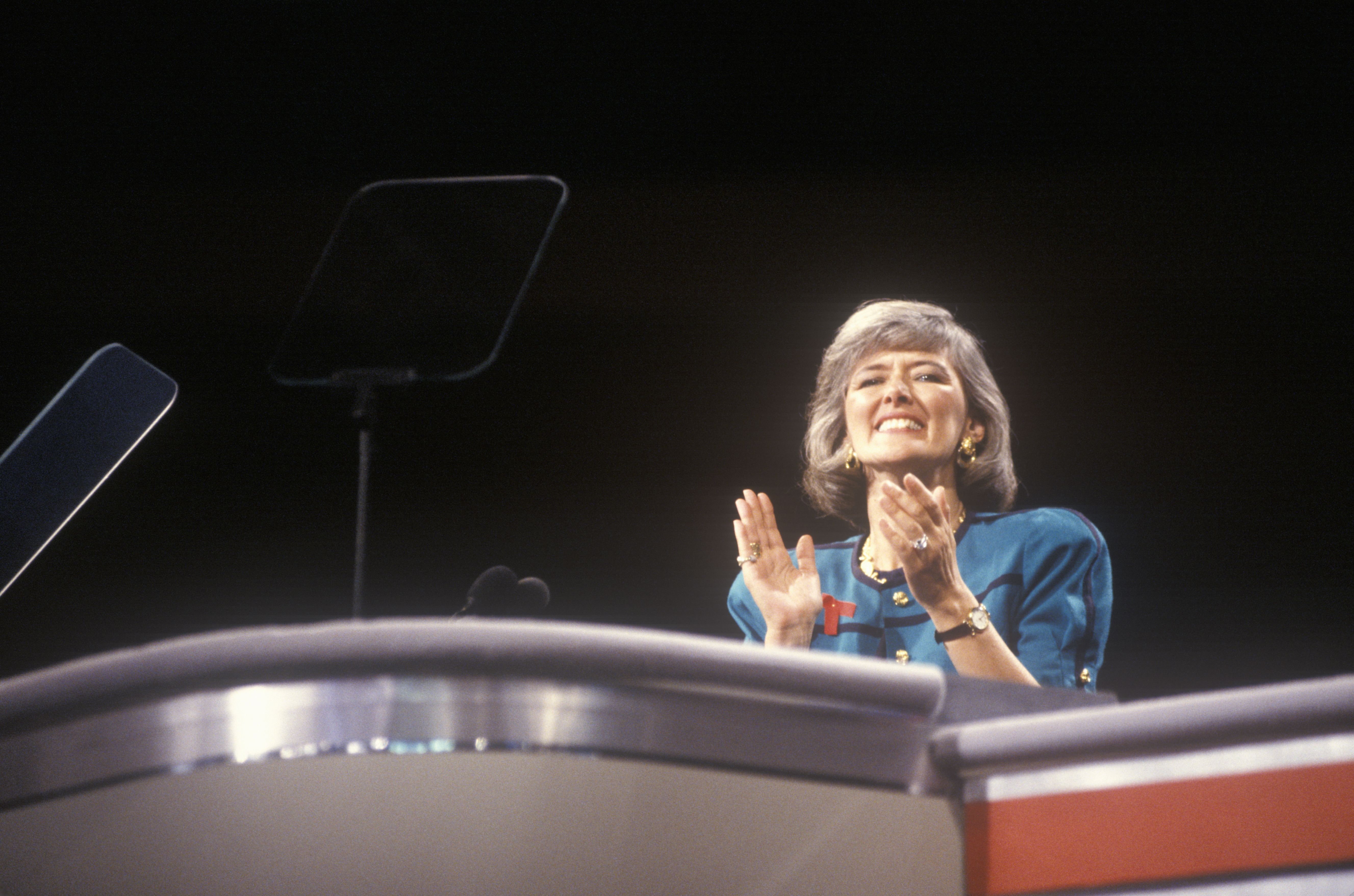Former Congresswoman Pat Schroeder addresses crowd at the 1992 Democratic National Convention at Madison Square Garden, New York (Photo by: Joe Sohm/Visions of America/Universal Images Group via Getty Images)