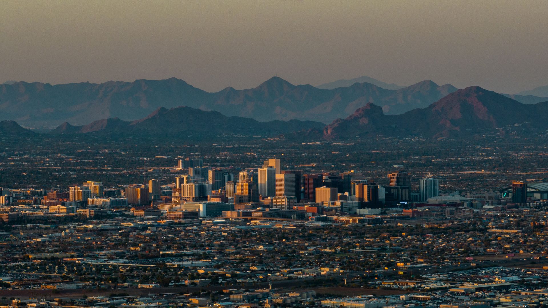 In an aerial view, the downtown skyline is seen during a heat wave on July 15, 2023 in Phoenix, Arizona