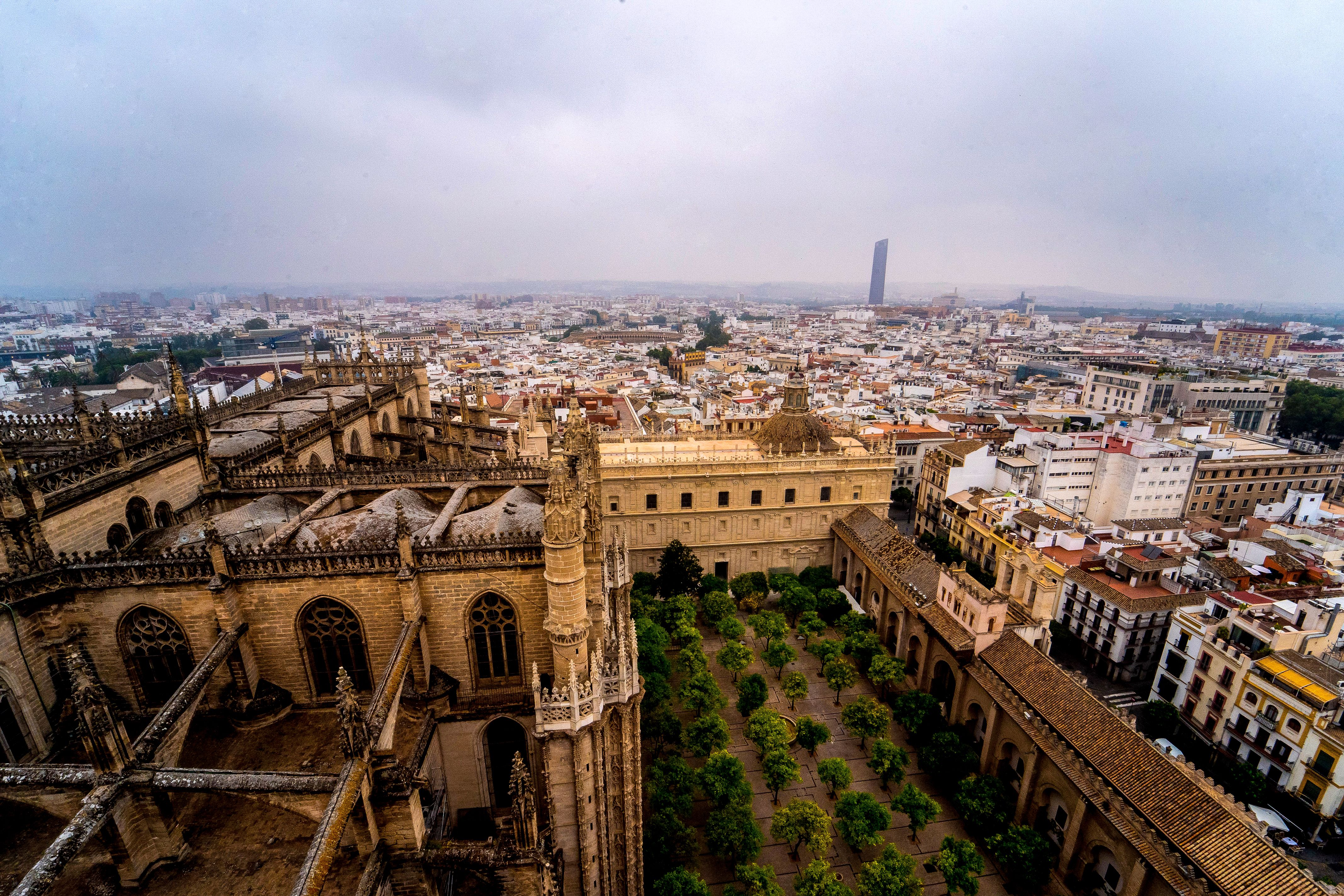 View of the city from the Giralda where you can see the consequences of smoke from the fires in Canada, June 29, 2023 in Seville, (Andalusia, Spain). 