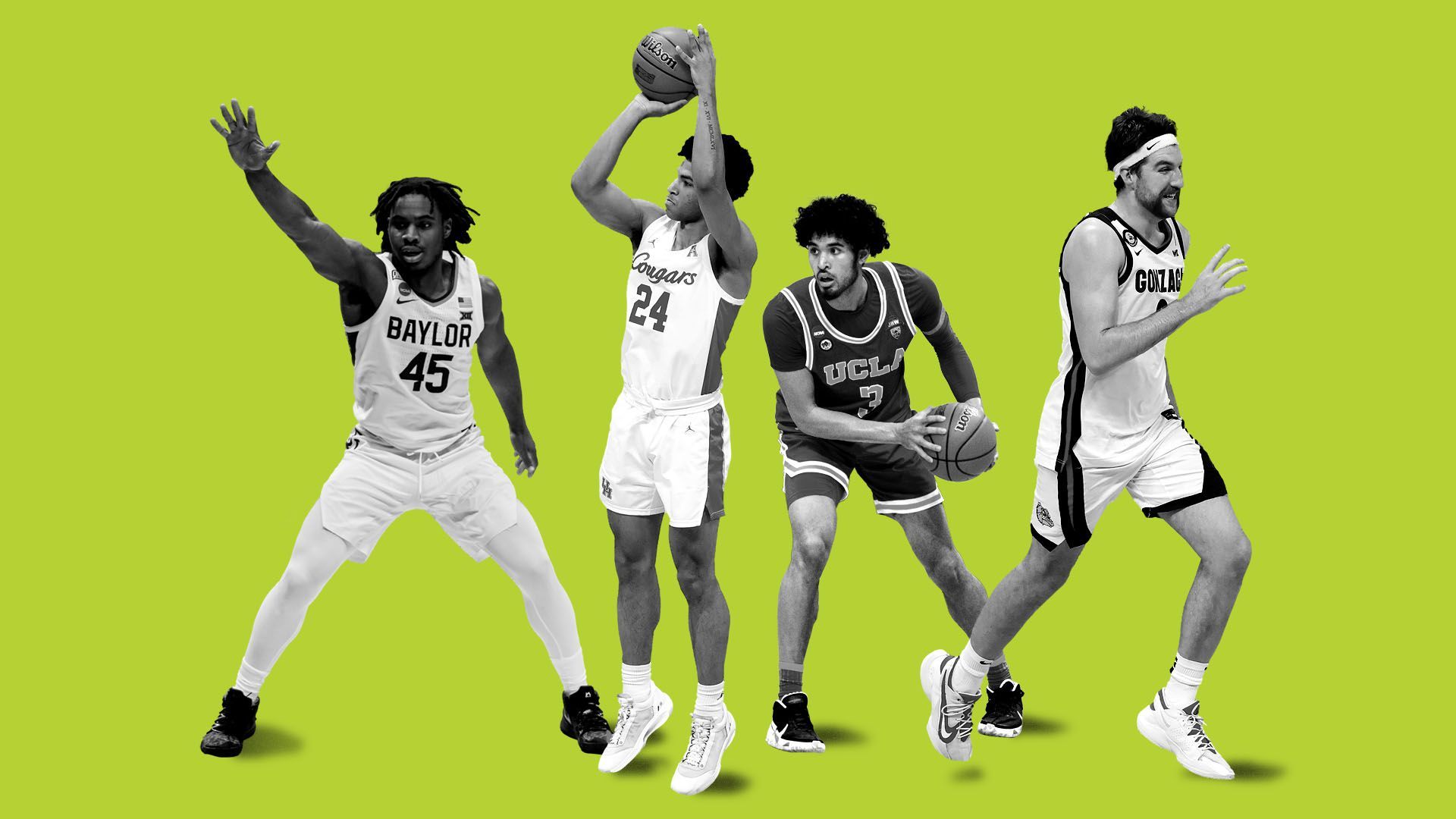 Photo illustration of (from L-R): Davion Mitchell (Baylor), Quentin Grimes (Houston), Johnny Juzang (UCLA), Drew Timme (Gonzaga)