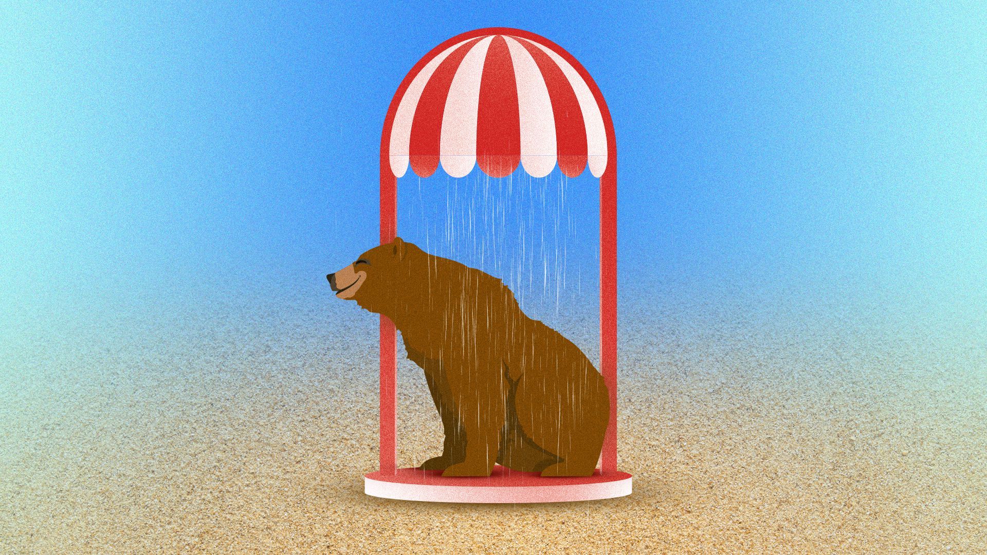 Illustration of the California flag bear sitting in a booth on a beach and the booth is raining inside.