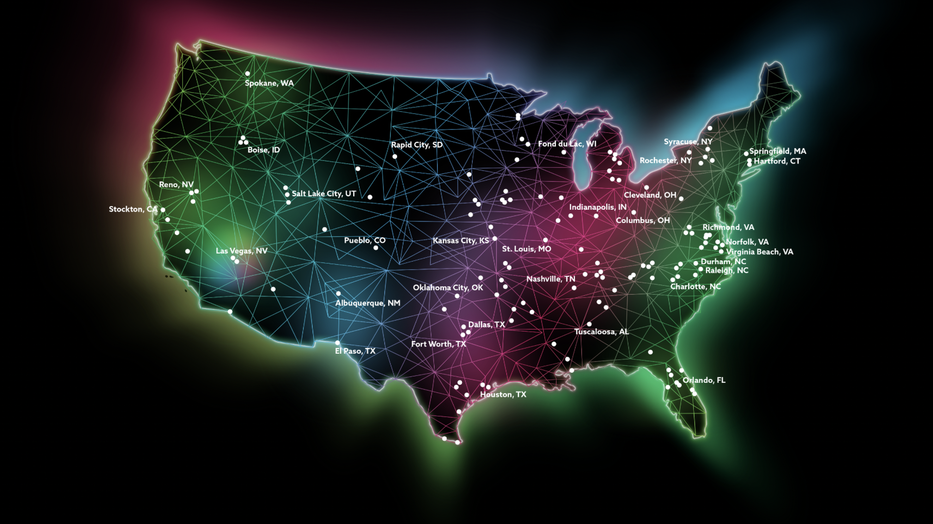 An illustration of a map of the U.S. with cities where Dish plans to offer its homegrown 5G service