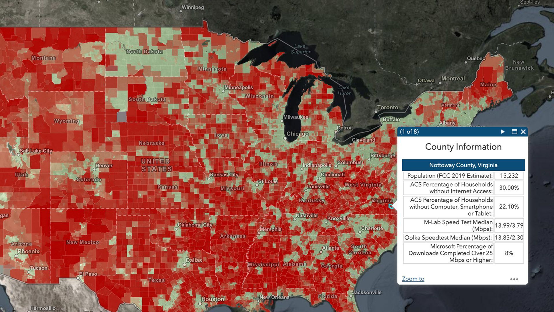 Screenshot of new Broadband Need map showing many red patches of underserved areas in the U.S.
