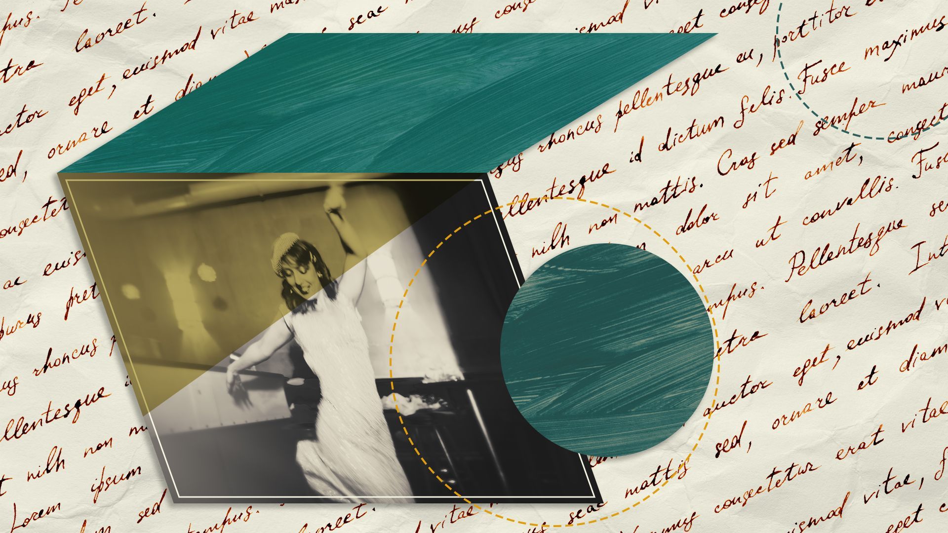 Photo illustration of an archival photo of a woman dancing surrounded by various circles and writing.