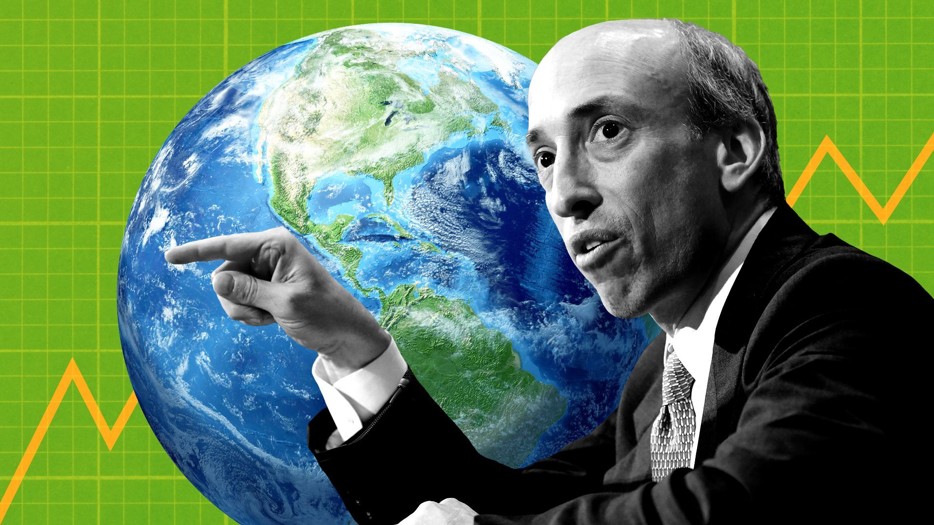 Photo illustration of SEC chair Gary Gensler with the earth and a line graph behind him