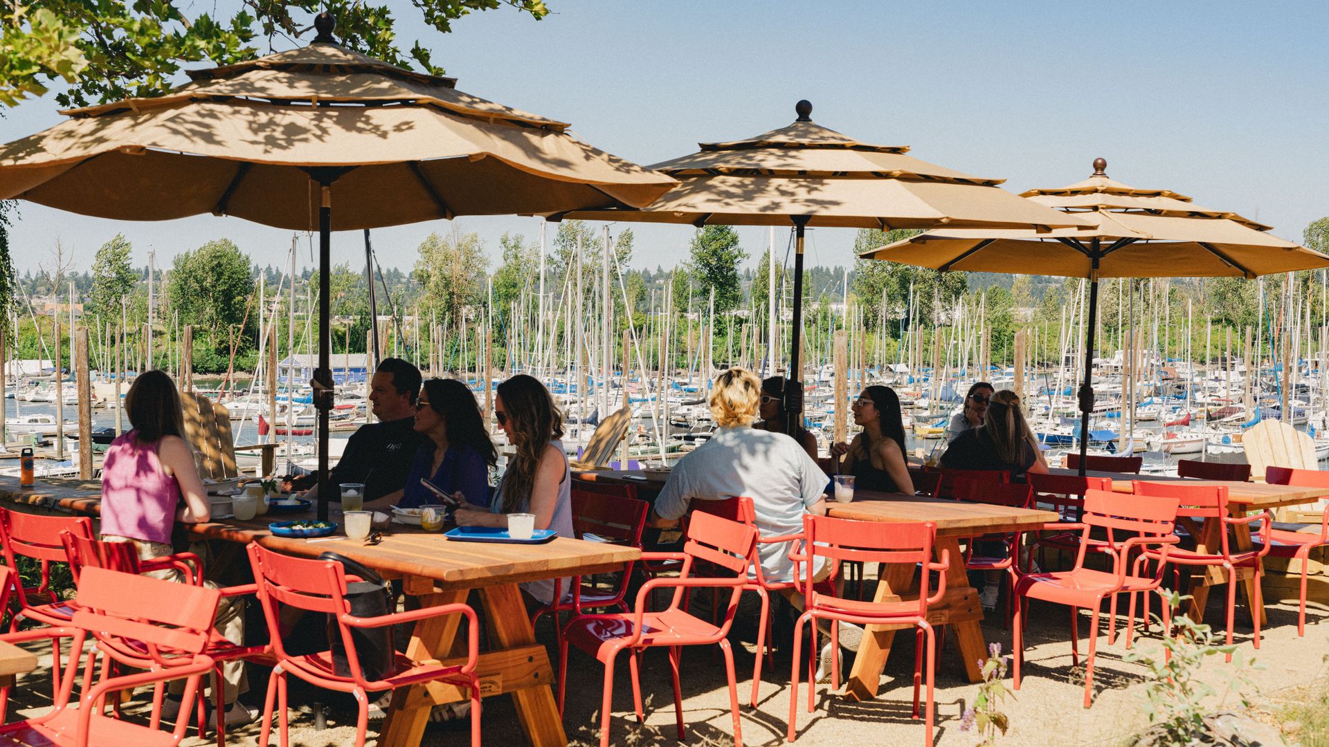 People sitting under beige umbrellas at outdoor red tables and chairs by a marina filled with sailboats on a sunny day with clear blue sky and green trees nearby.