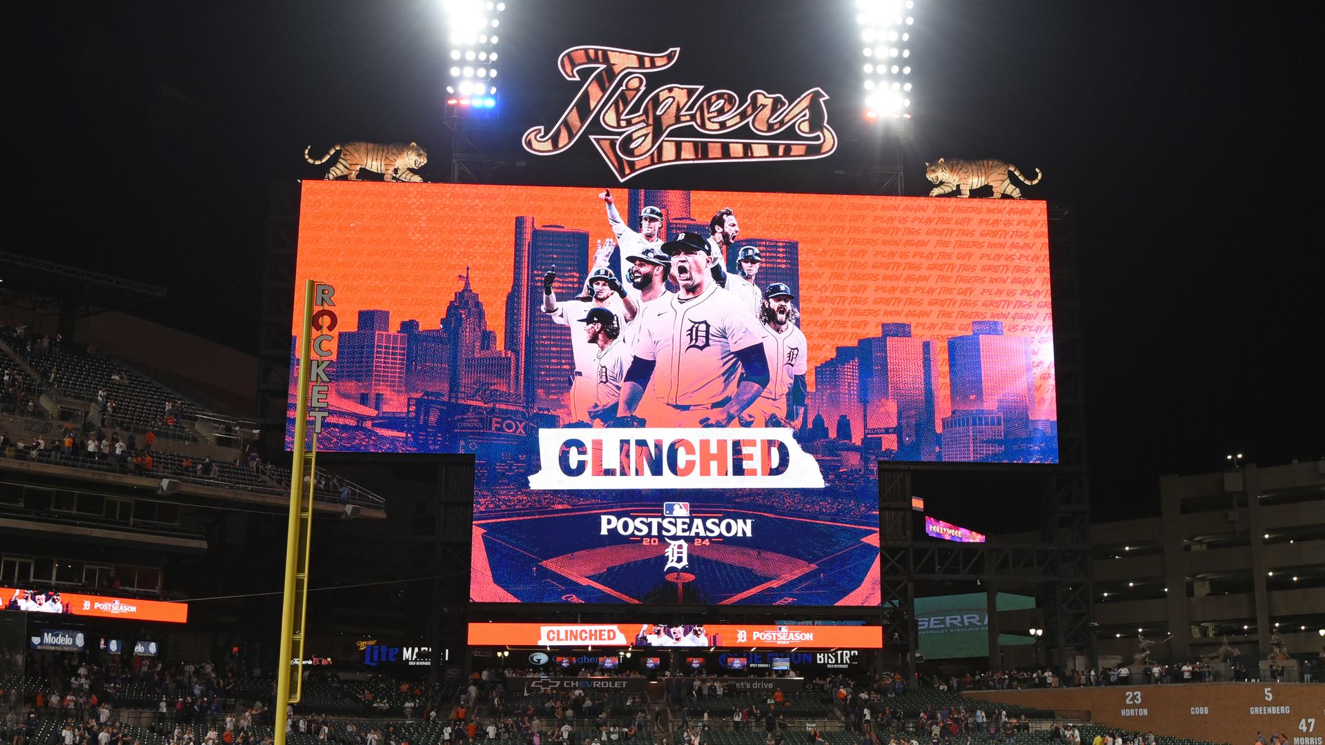 Comerica Park's scoreboard after the Tigers clinched a postseason berth on Sept. 27. 