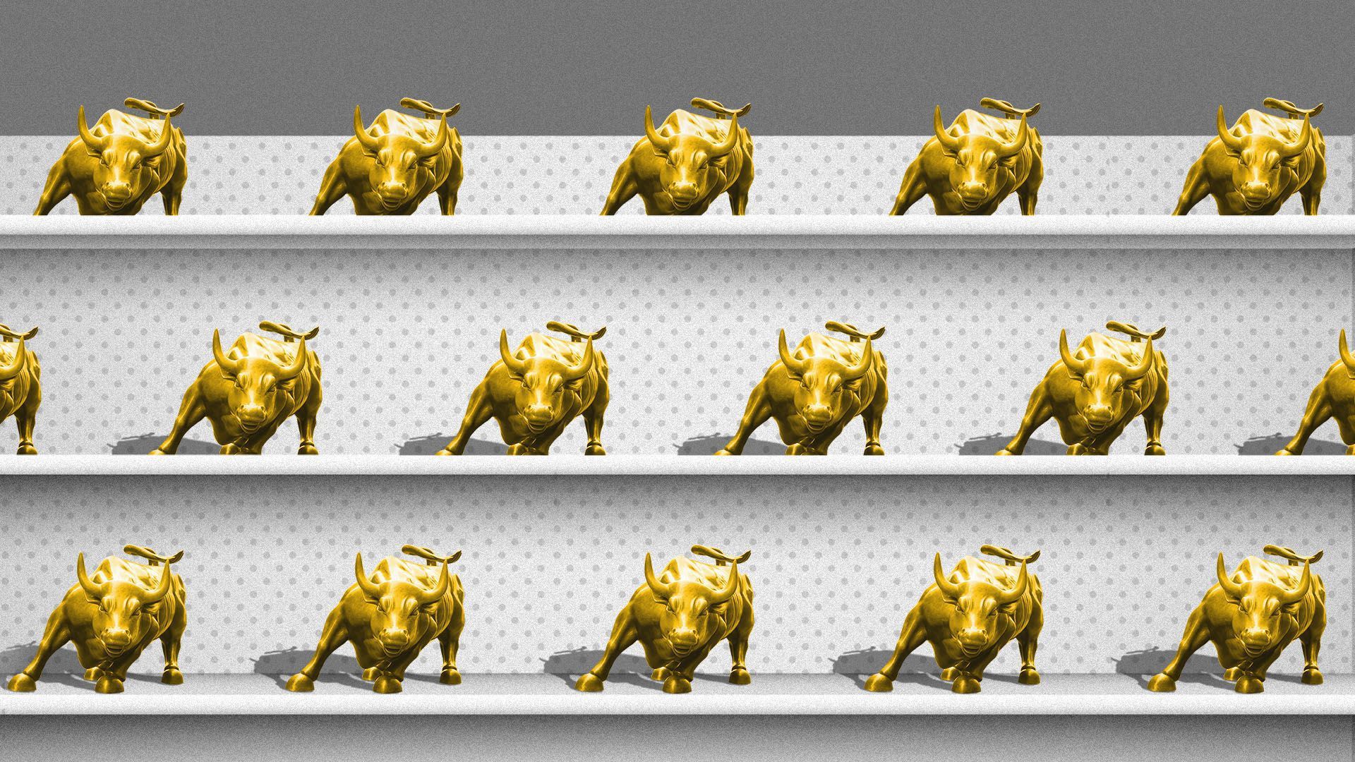 Illustration of gold rhinos on a shelf.