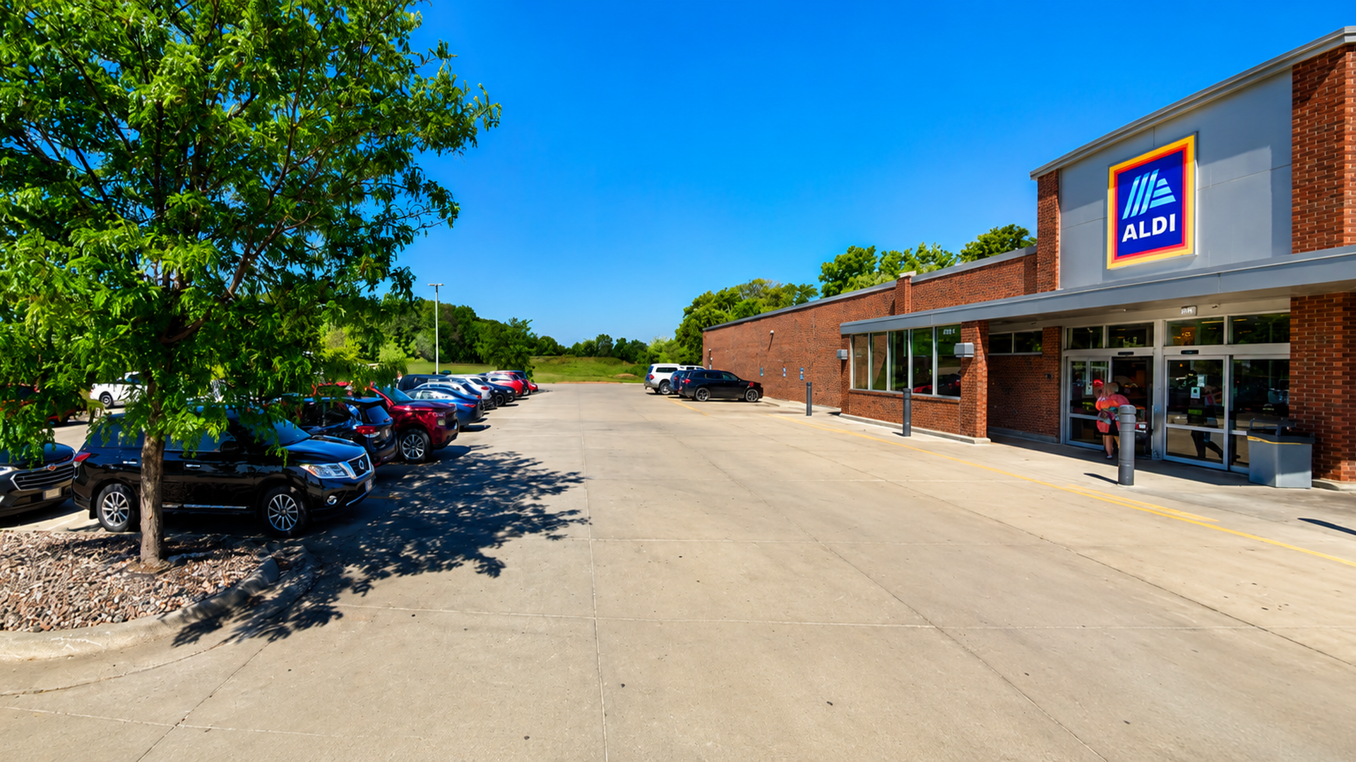 ALDI store with brick exterior and glass entrance, parking lot full of cars on a sunny day. A large leafy tree shades the left side; blue sky dominates.