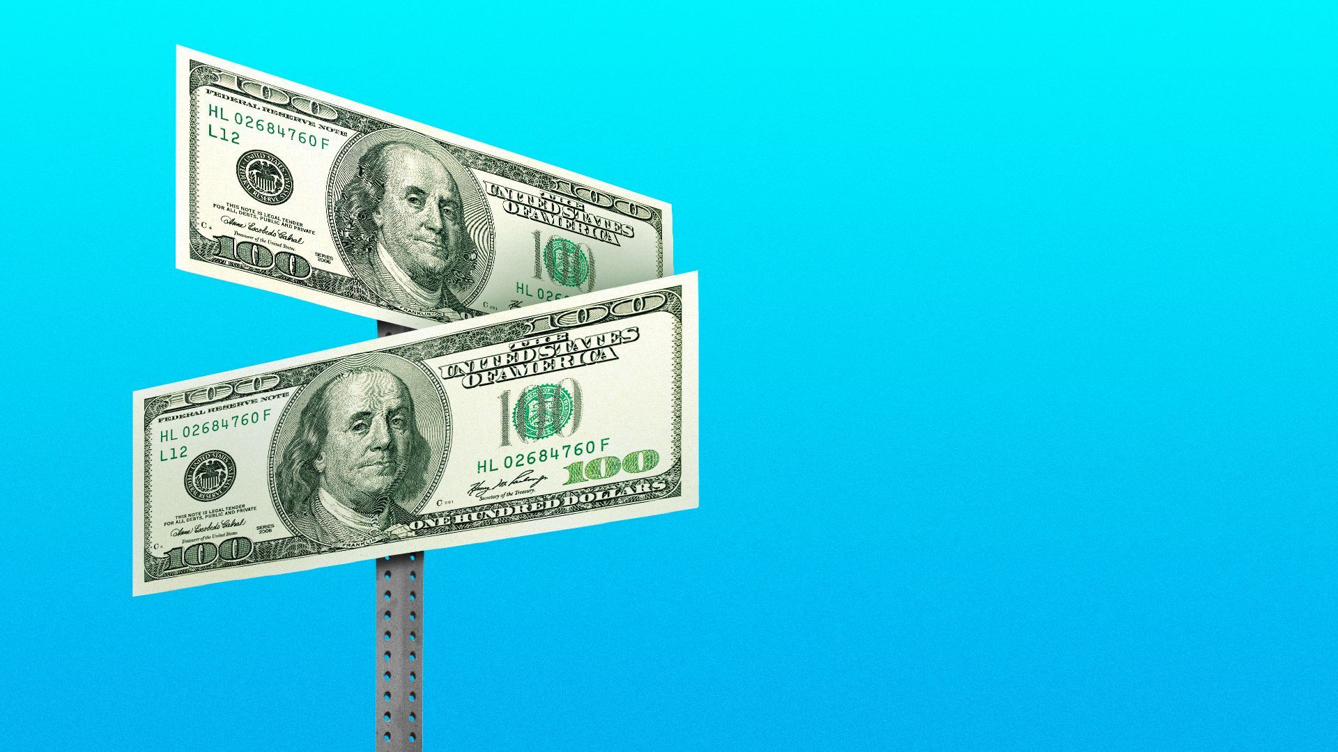 Illustration of one hundred dollar bills on a street name sign.