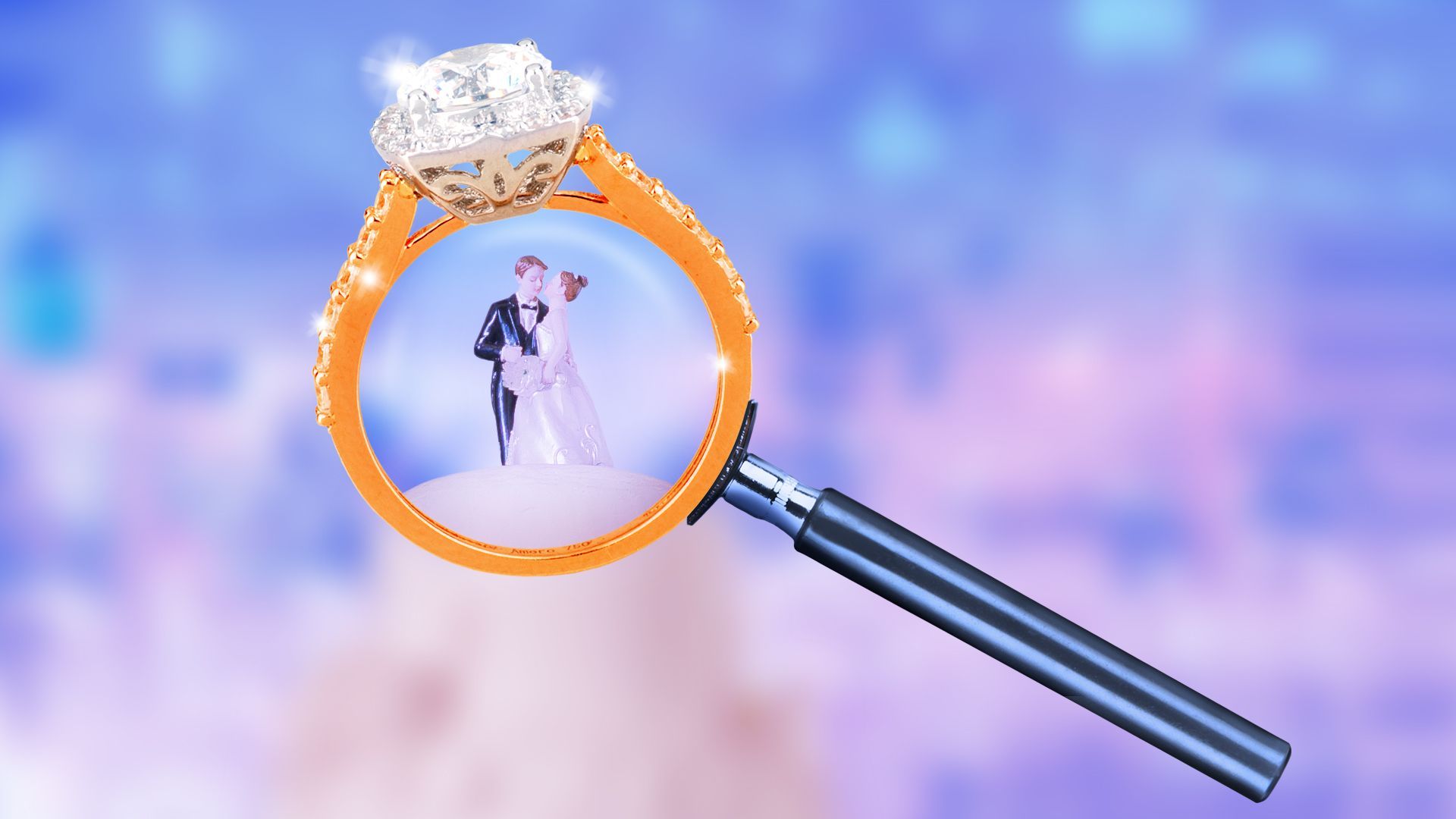 Illustration of a magnifying glass with a wedding ring magnifying a wedding cake