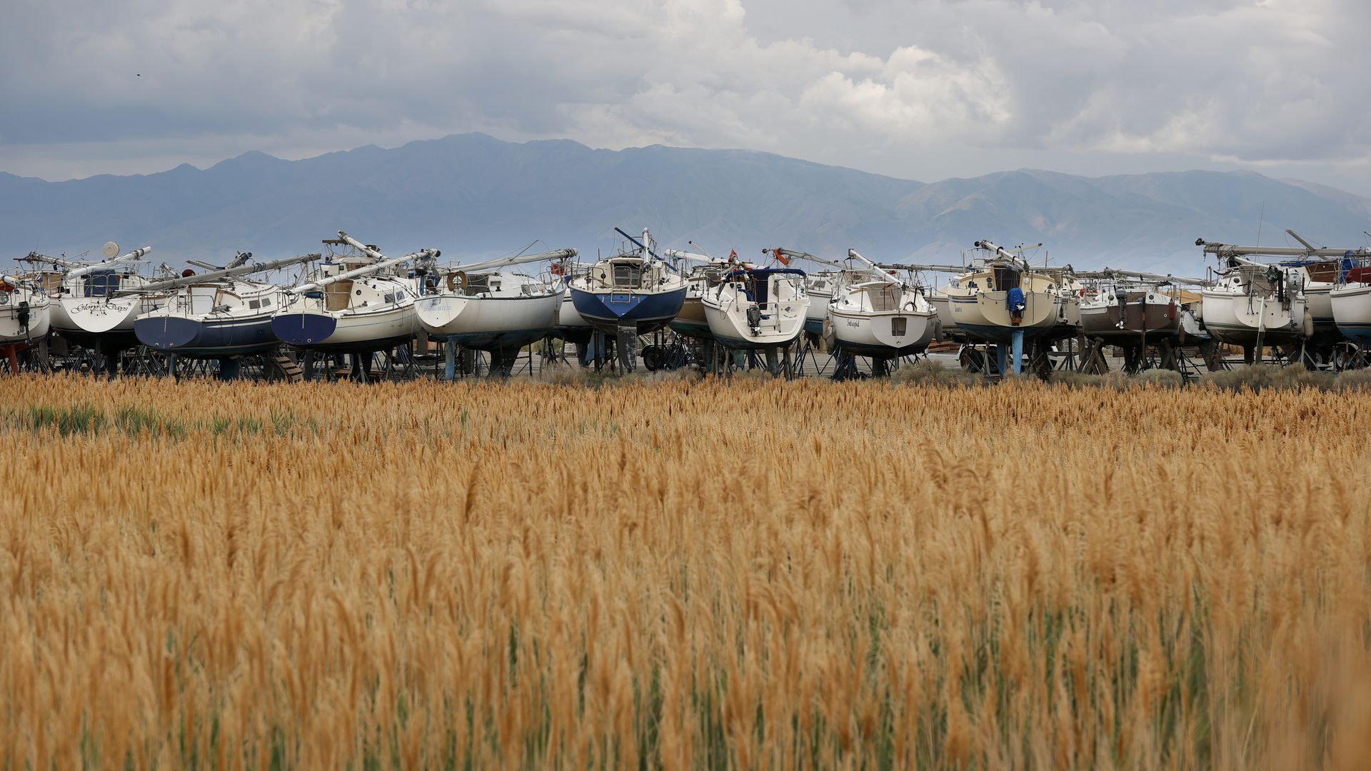 Sailboats sit in a parking lot at the Great Salt Lake State Park on August 02, 2021 near Magna, Utah. Photo by Justin Sullivan/Getty Images