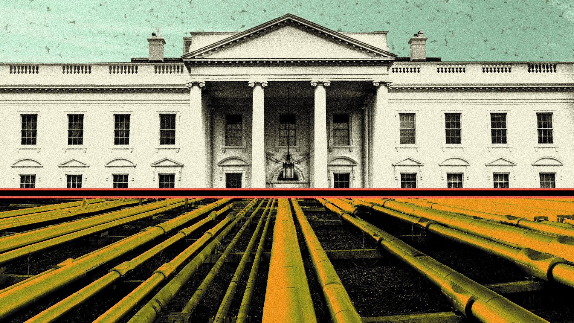Illustration of the White House, pipelines, and abstract shapes and textures.