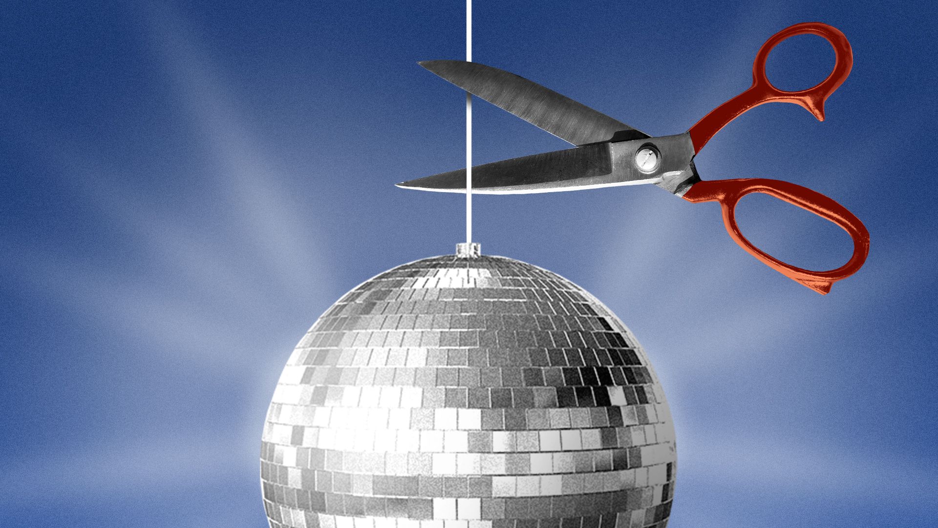 Illustration of scissors cutting down a disco ball.