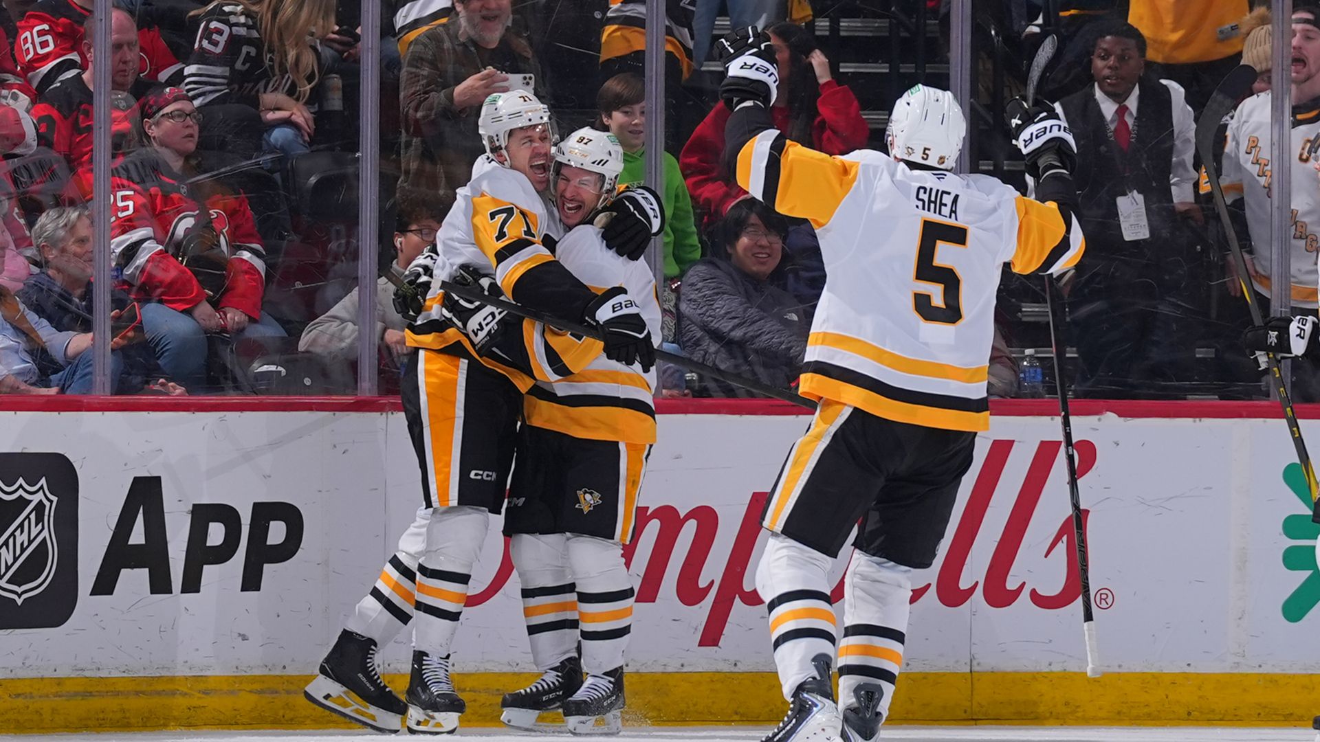 NEWARK, NJ - APRIL 09: Evgeni Malkin #71 of the Pittsburgh Penguins celebrates his goal during the third period of the game against the New Jersey Devils on April 9, 2026 at the Prudential Center in Newark, New Jersey. (Photo by Rich Graessle/NHLI via Getty Images)
