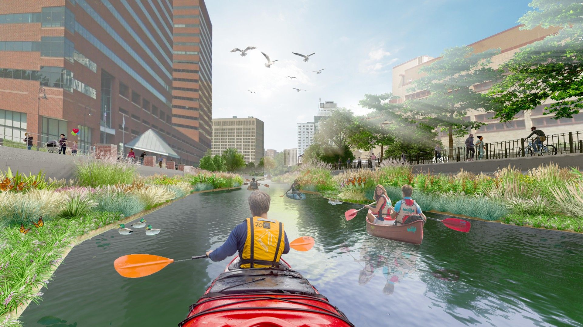People kayaking and canoeing on a calm urban waterway lined with green plants, ducks, and butterflies, with birds flying overhead and city buildings on either side under a sunny sky.