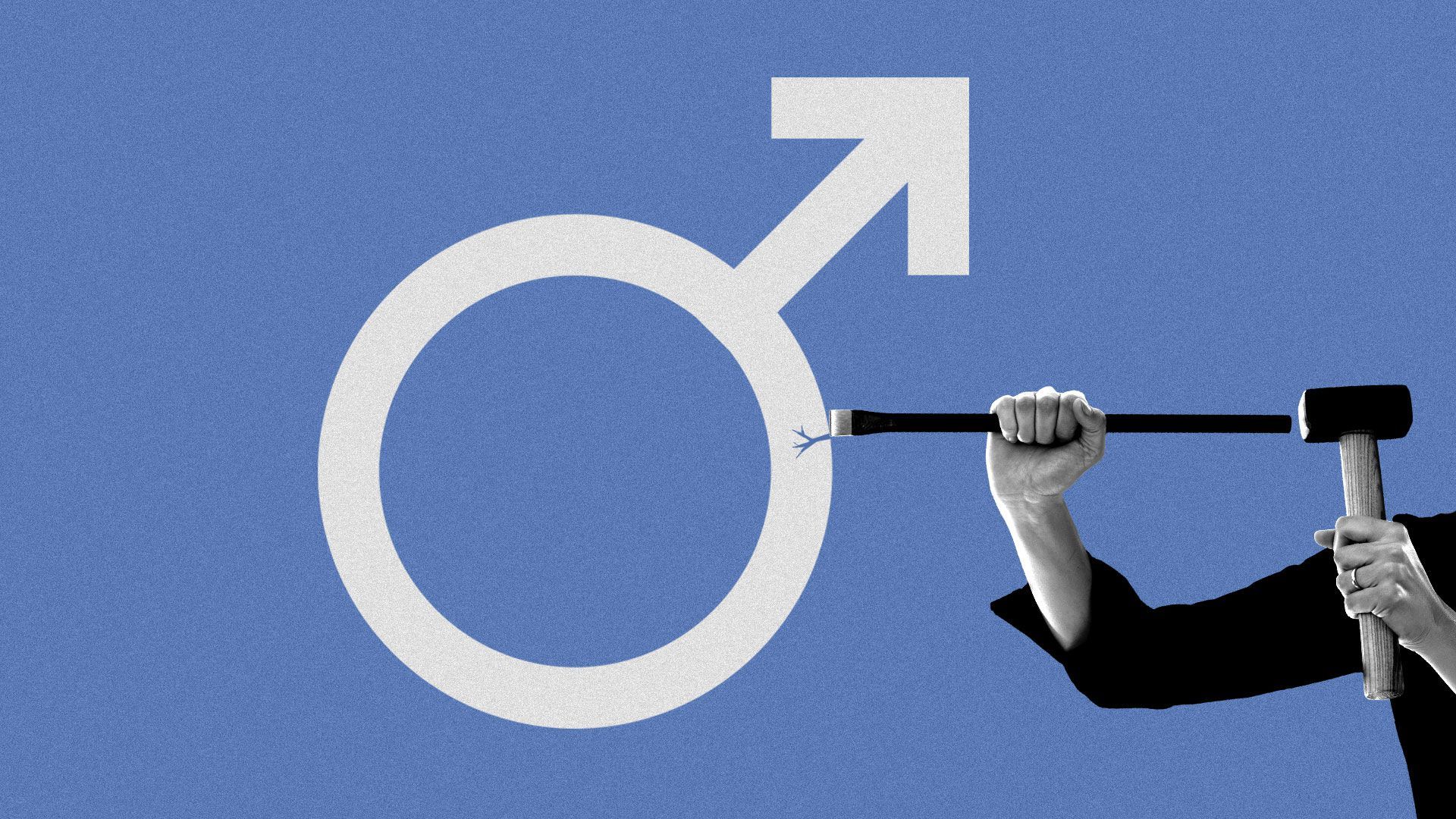 A hammer and chisel chipping away at a male symbol