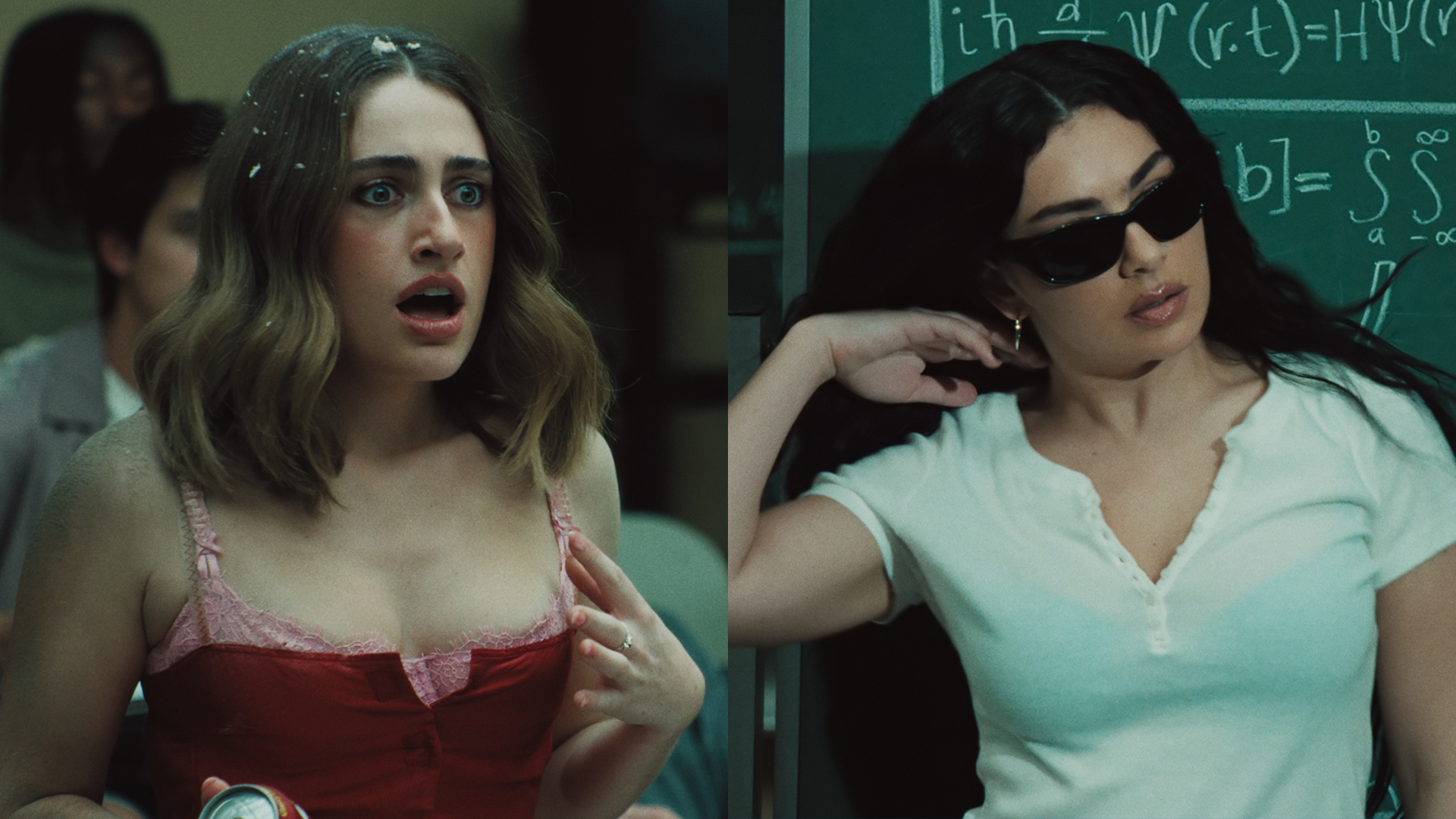Two women side by side; left in red dress with pink lace, surprised expression, holding a can, light brown hair with white specks; right in white top, black sunglasses, long black hair, chalkboard with formulas behind.
