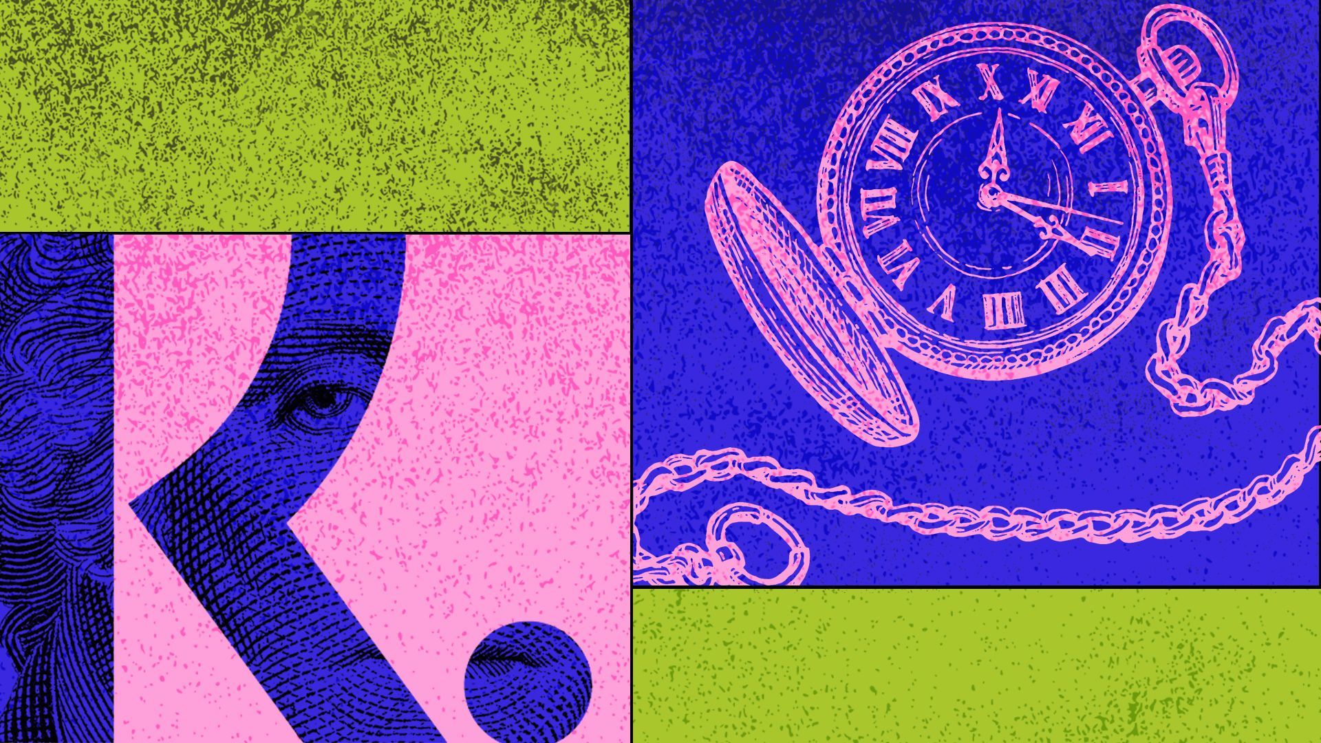 Illustration of the Klarna logo next to an old time pocket watch 