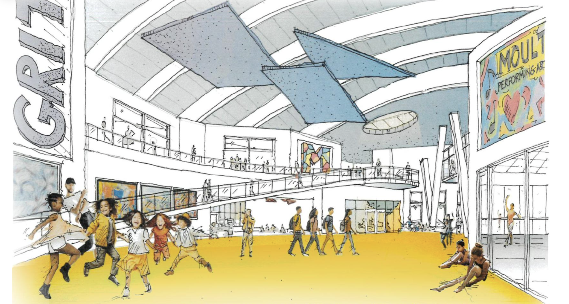 Bright indoor space with yellow floor and high white ceiling, children playing and dancing, adults conversing, blue ceiling panels, and colorful banners reading "Grit" and "Moult Performing Arts."