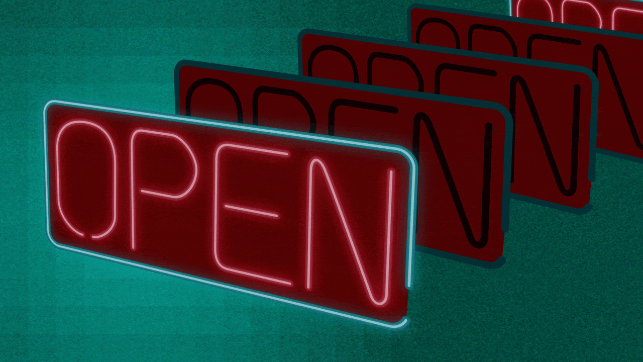 Animated illustration of a series of neon OPEN signs, lighting up one after the other.