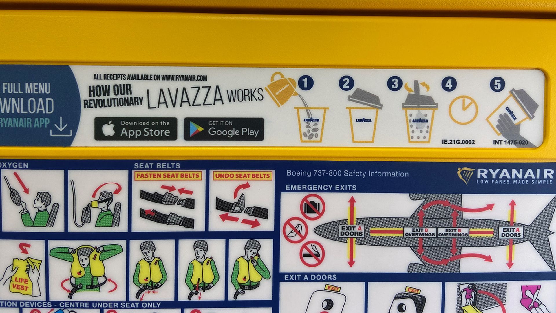 Instructions on a Ryanair plane about how to make coffee.