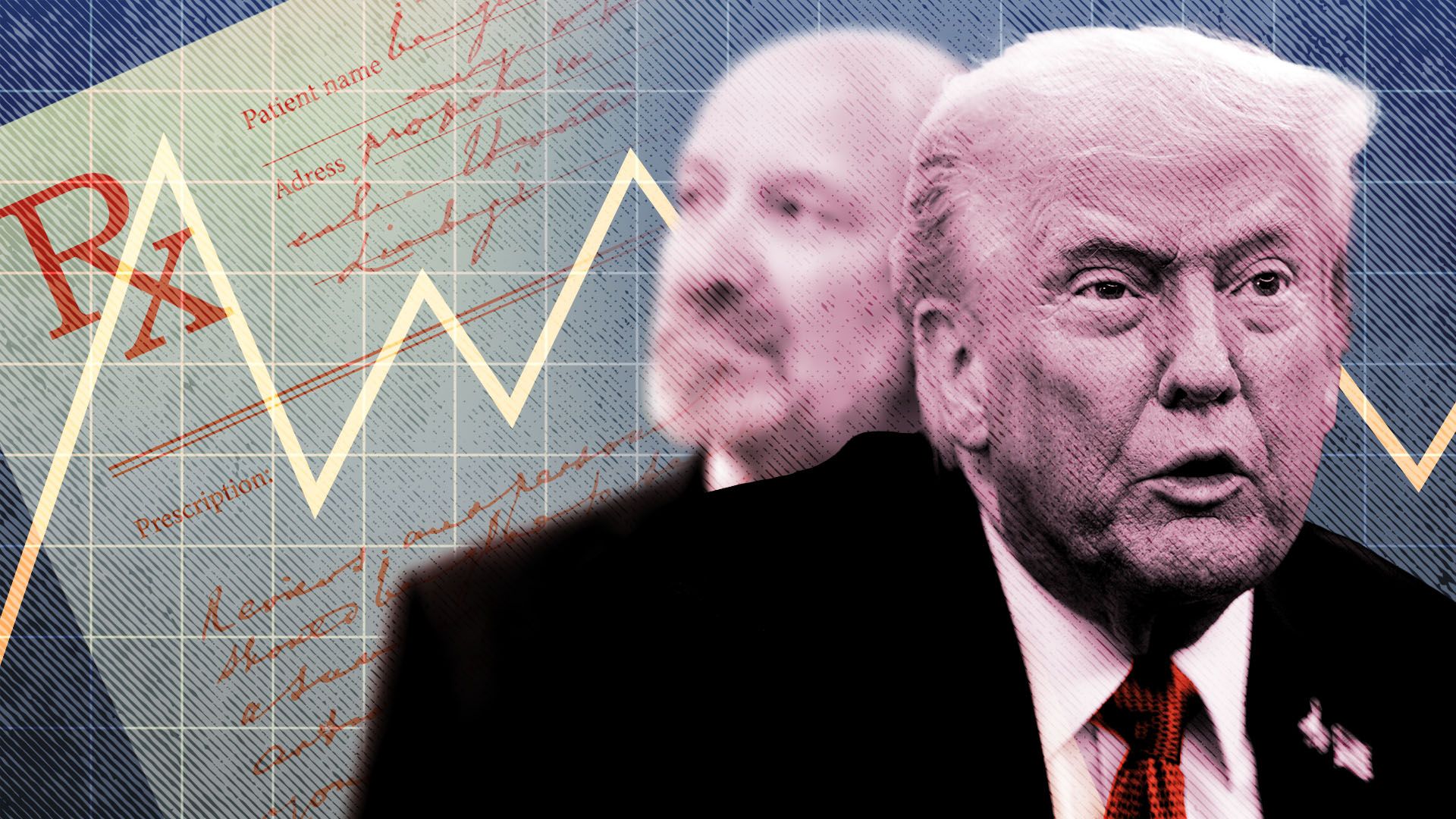 Photo illustration of President Trump and  Secretary of Commerce Howard Lutnick in front of a prescription pad and line chart