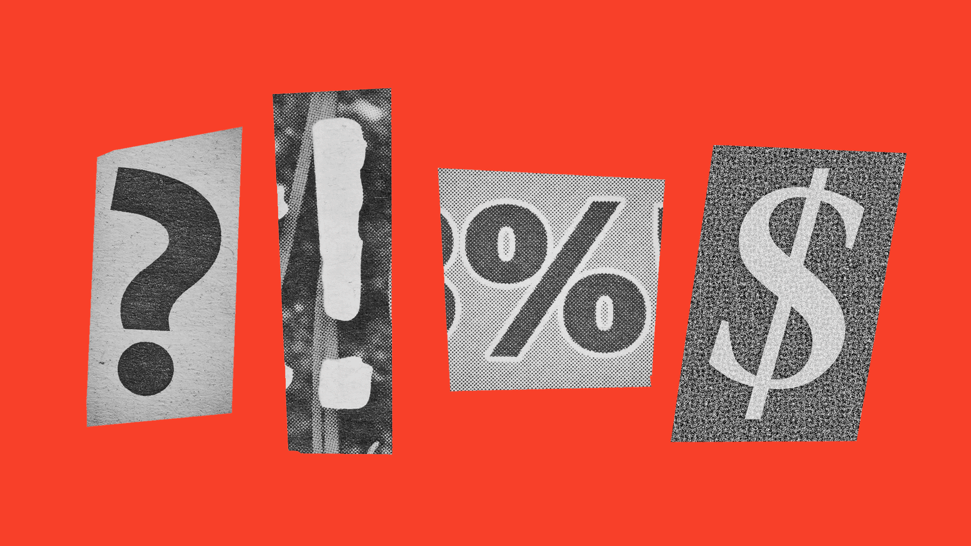 Illustration of letters and punctuation cut out of newsprint animating through a variety of combinations