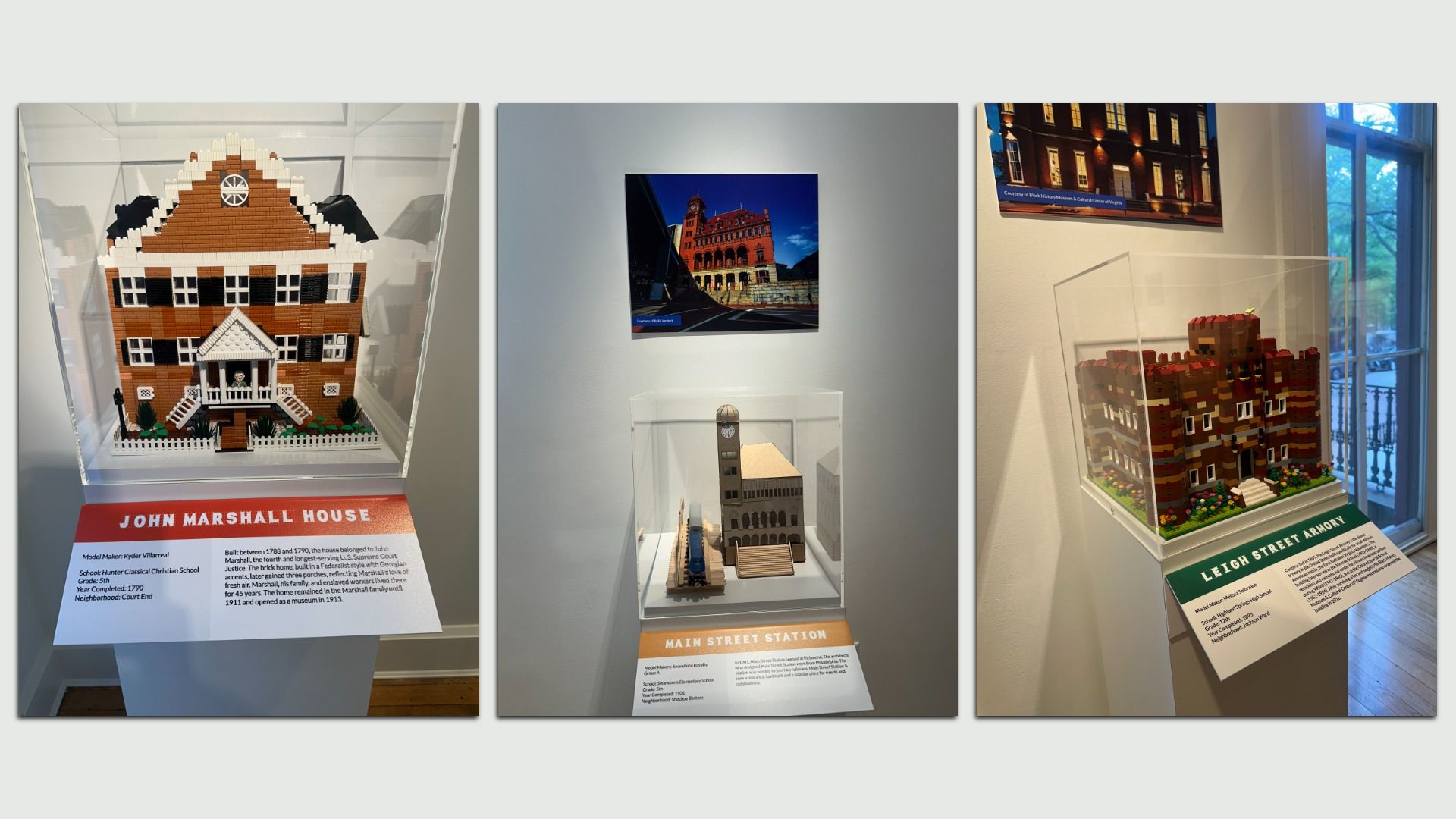 Triptych of LEGO brick buildings in a museum display: left "John Marshall House," center wall photo above a model, right "Leigh Street Armory" diorama.