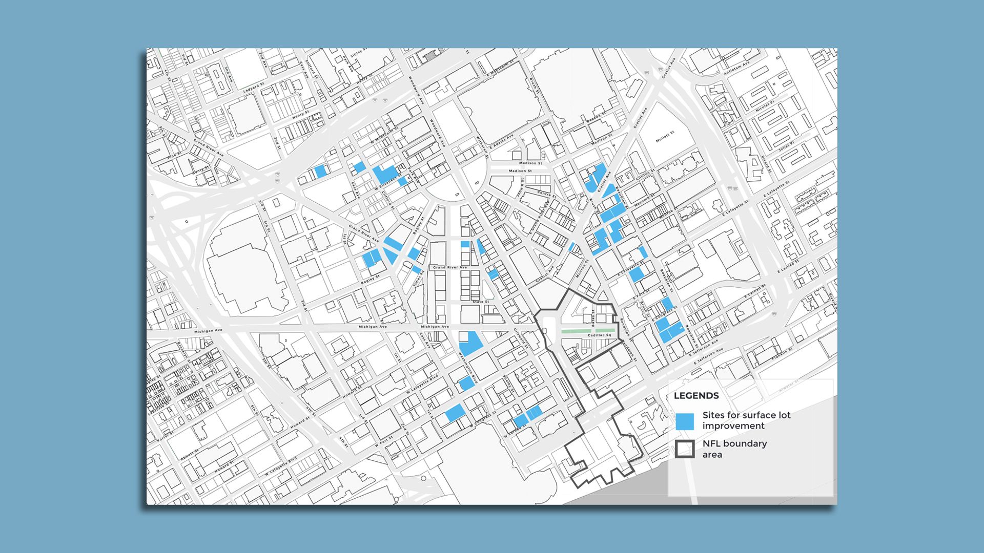 A map of downtown showing the parking lots that can apply for the program.