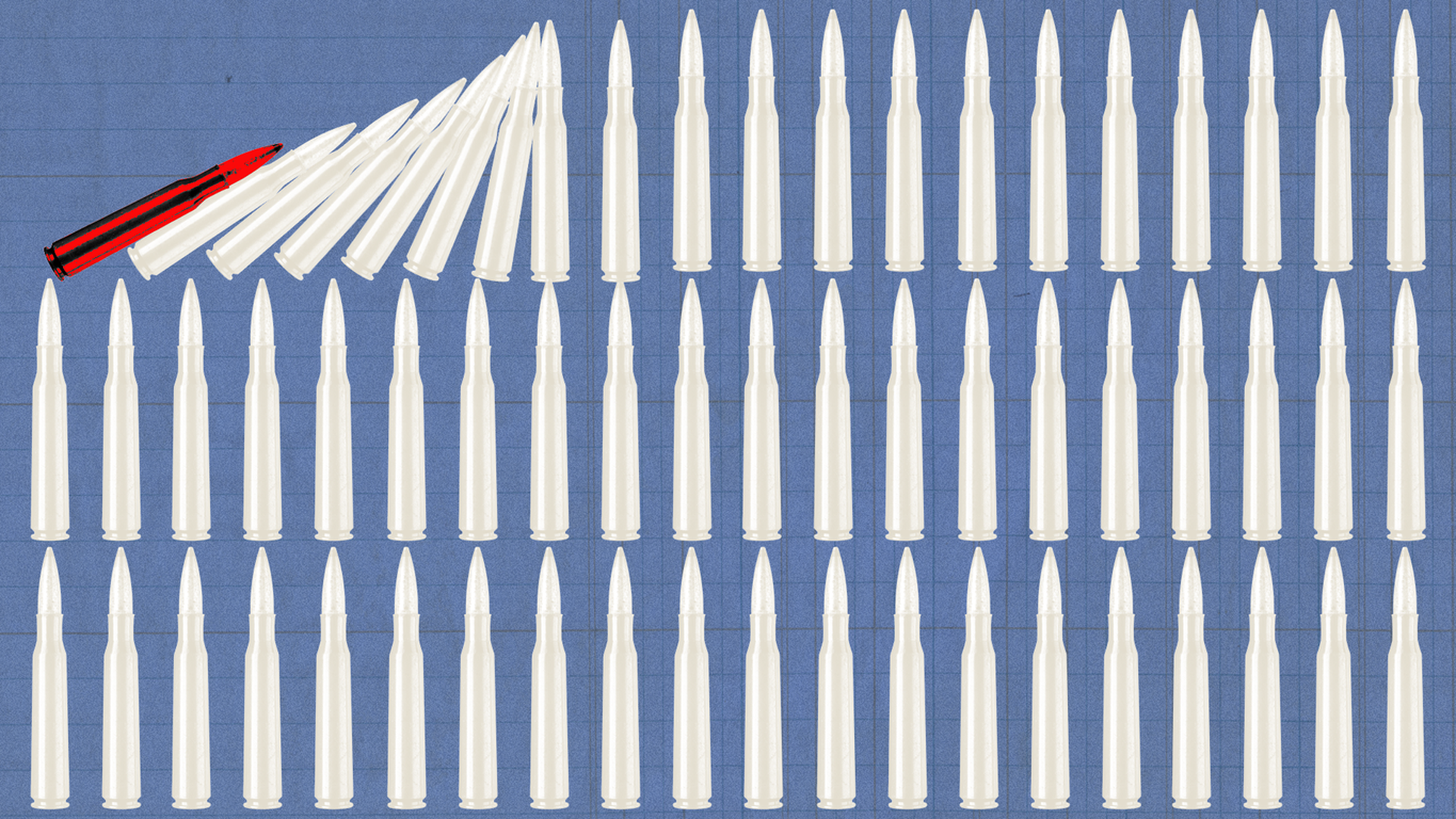 Illustration of a red bullet falling into a series of white bullets like dominos