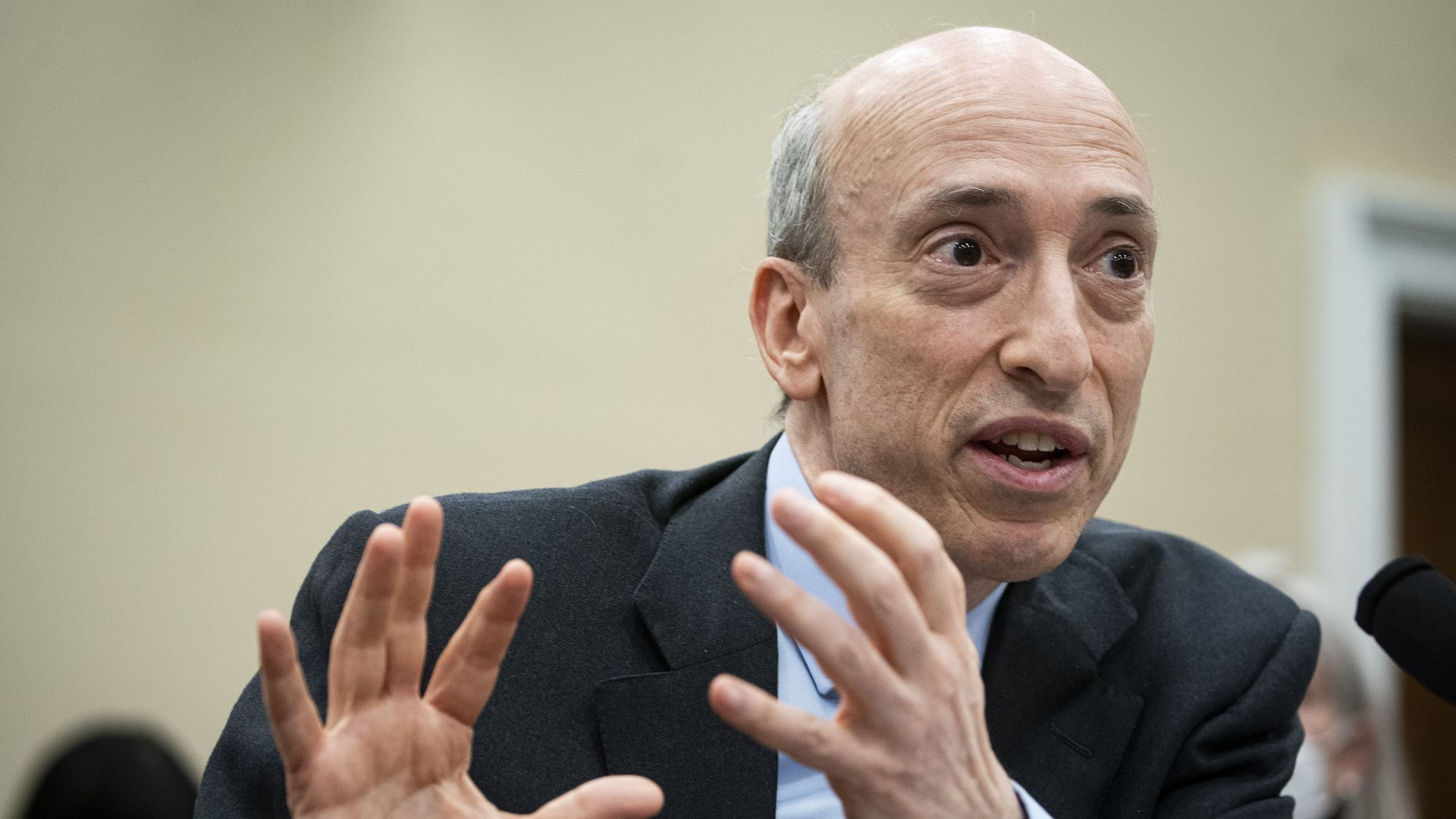 A photo of SEC Chairman Gary Genslers peaking during a House Appropriation Subcommittee hearing.