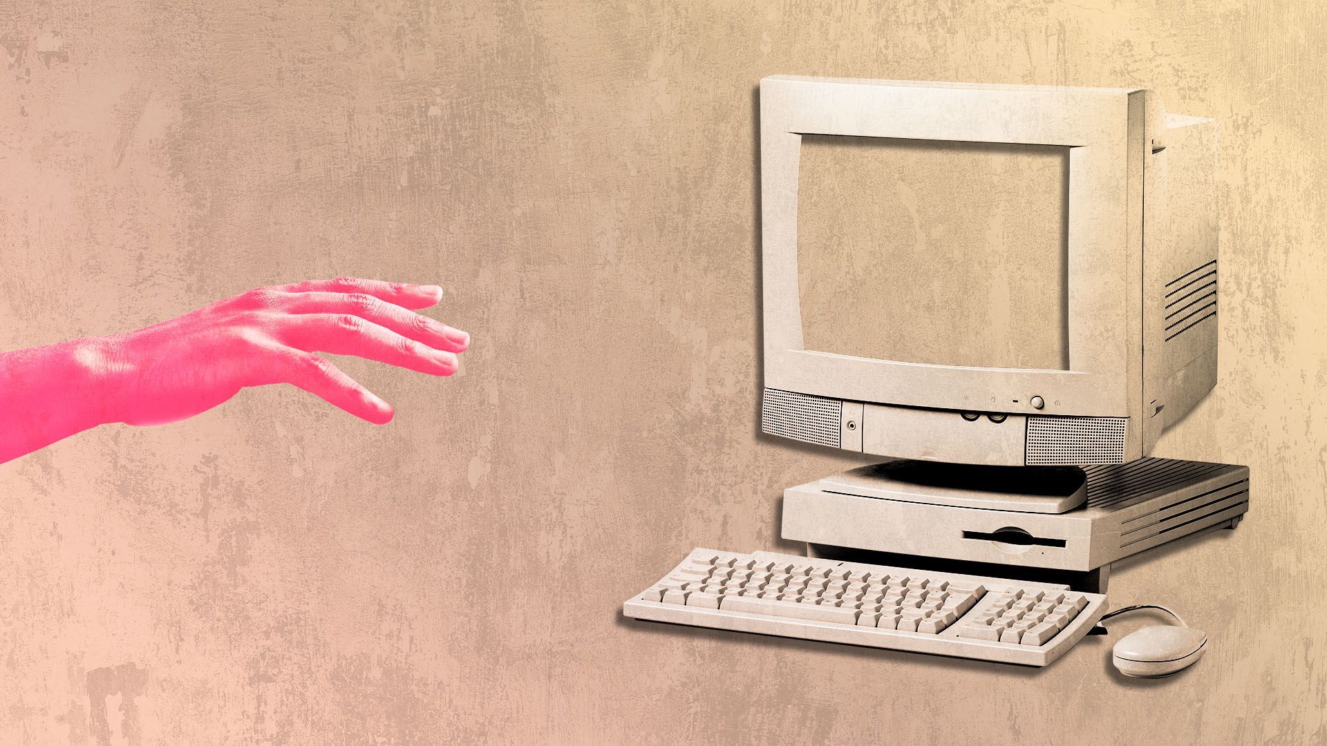 Illustrated collage of a hand reaching for a computer.