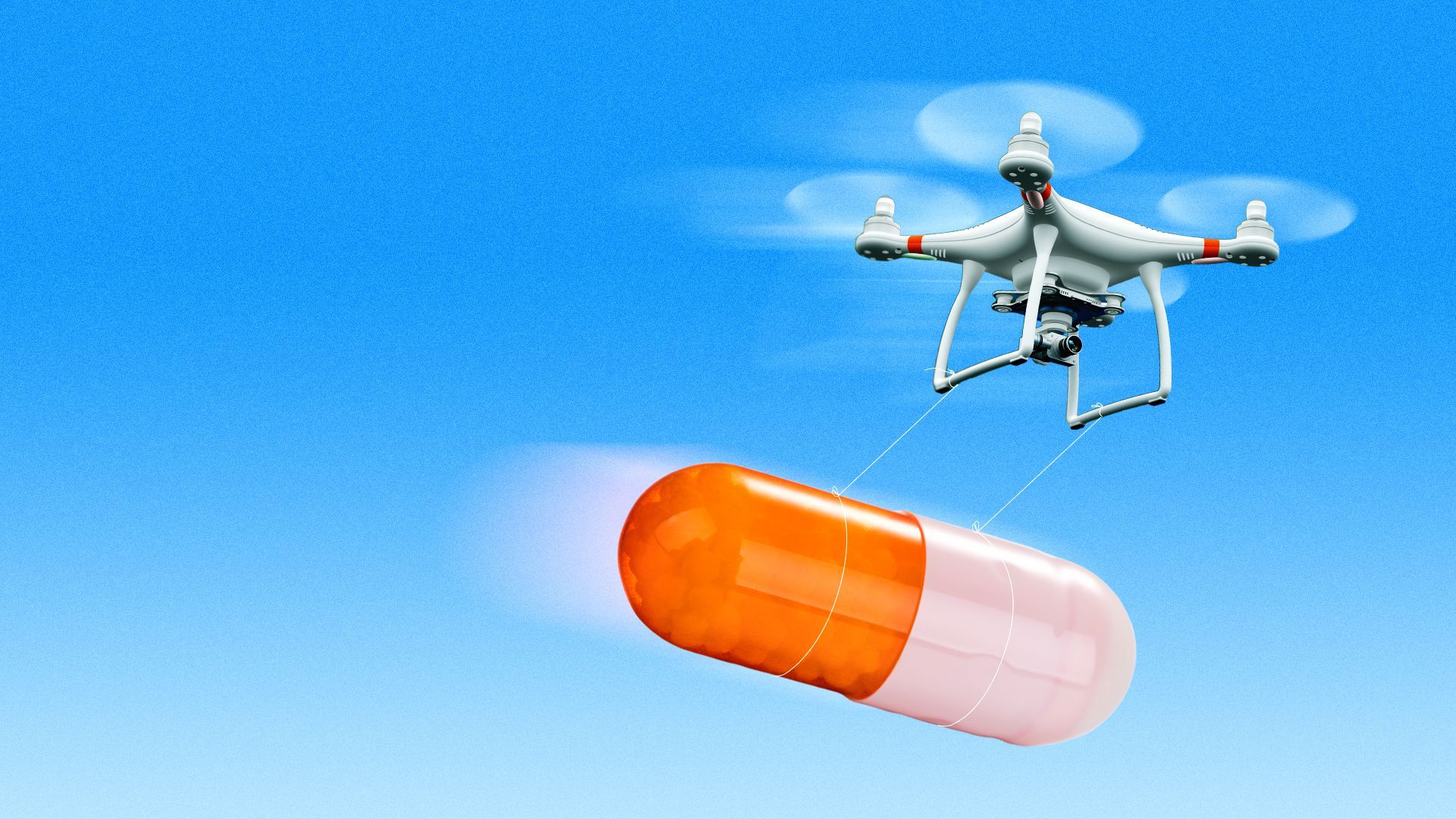 Illustration of a drone carrying a very large prescription pill 