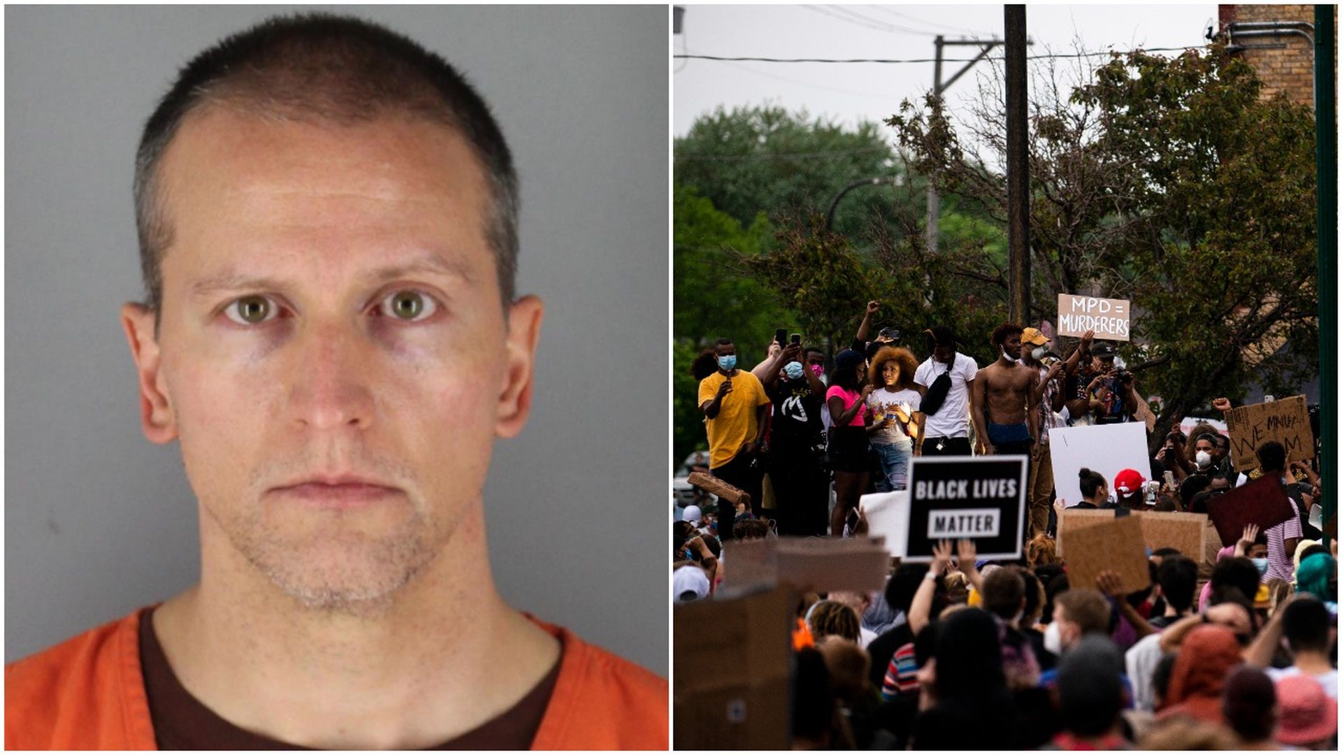 Mugshot of Derek Chauvin on the left and photo of a crowd holding up signs in support of Black Lives Matter at a protest