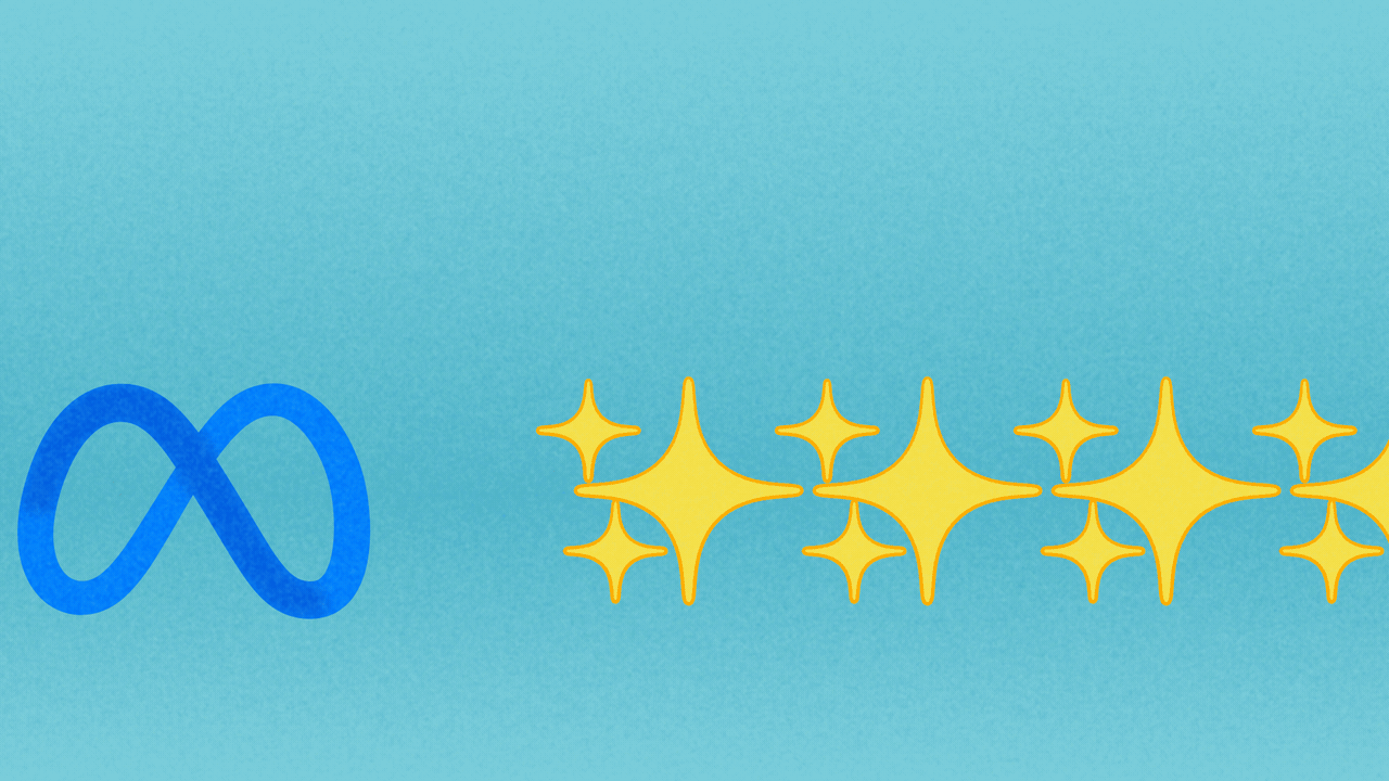 Animated illustration of the Meta logo turning on its side and eating a row of sparkle emojis.