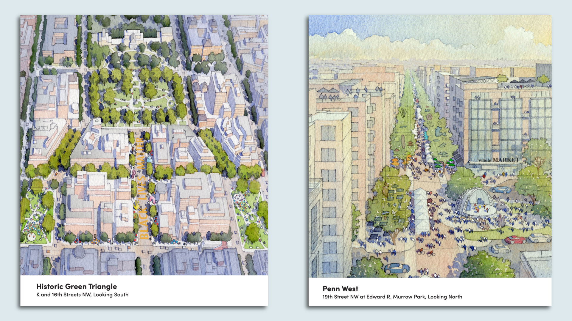 Renderings showing more pedestrian spaces and greenery on downtown corridors