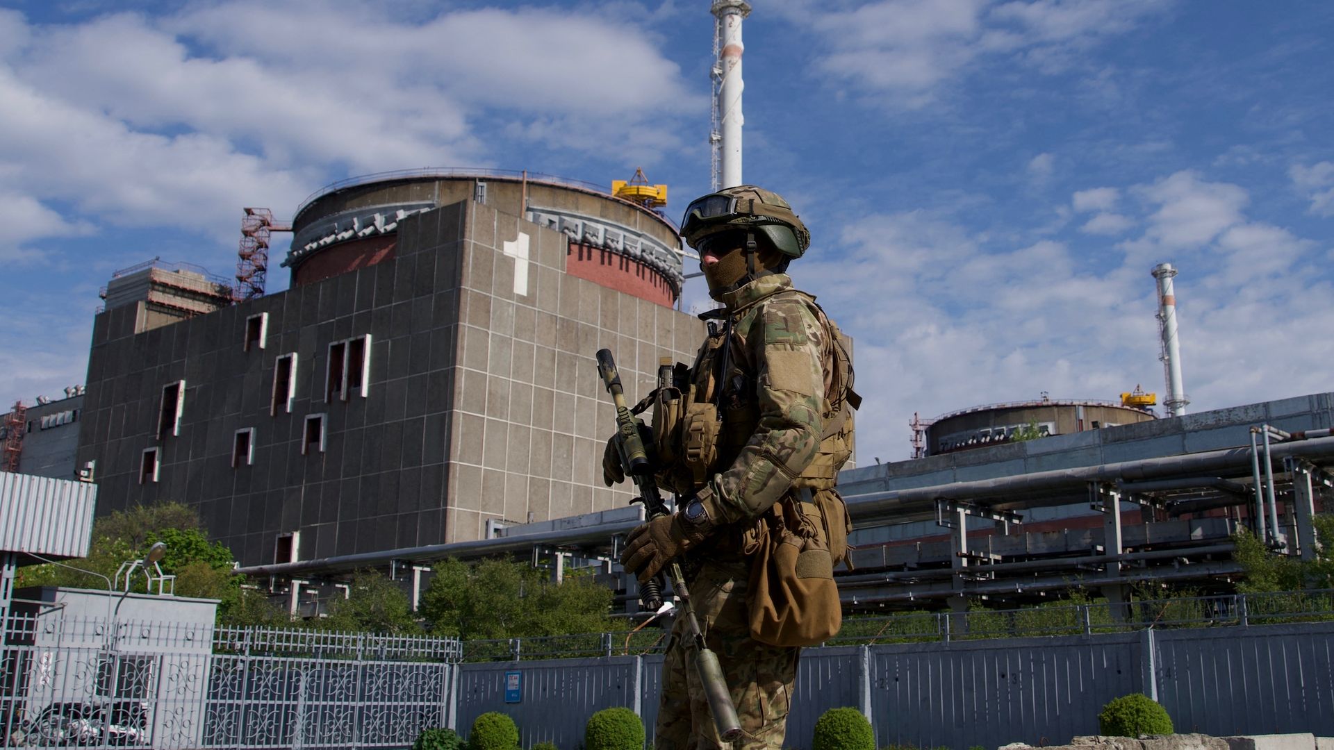 A Russian soldier near Ukraine's Zaporizhzhia nuclear power station in the town of Energodar in May 2022.