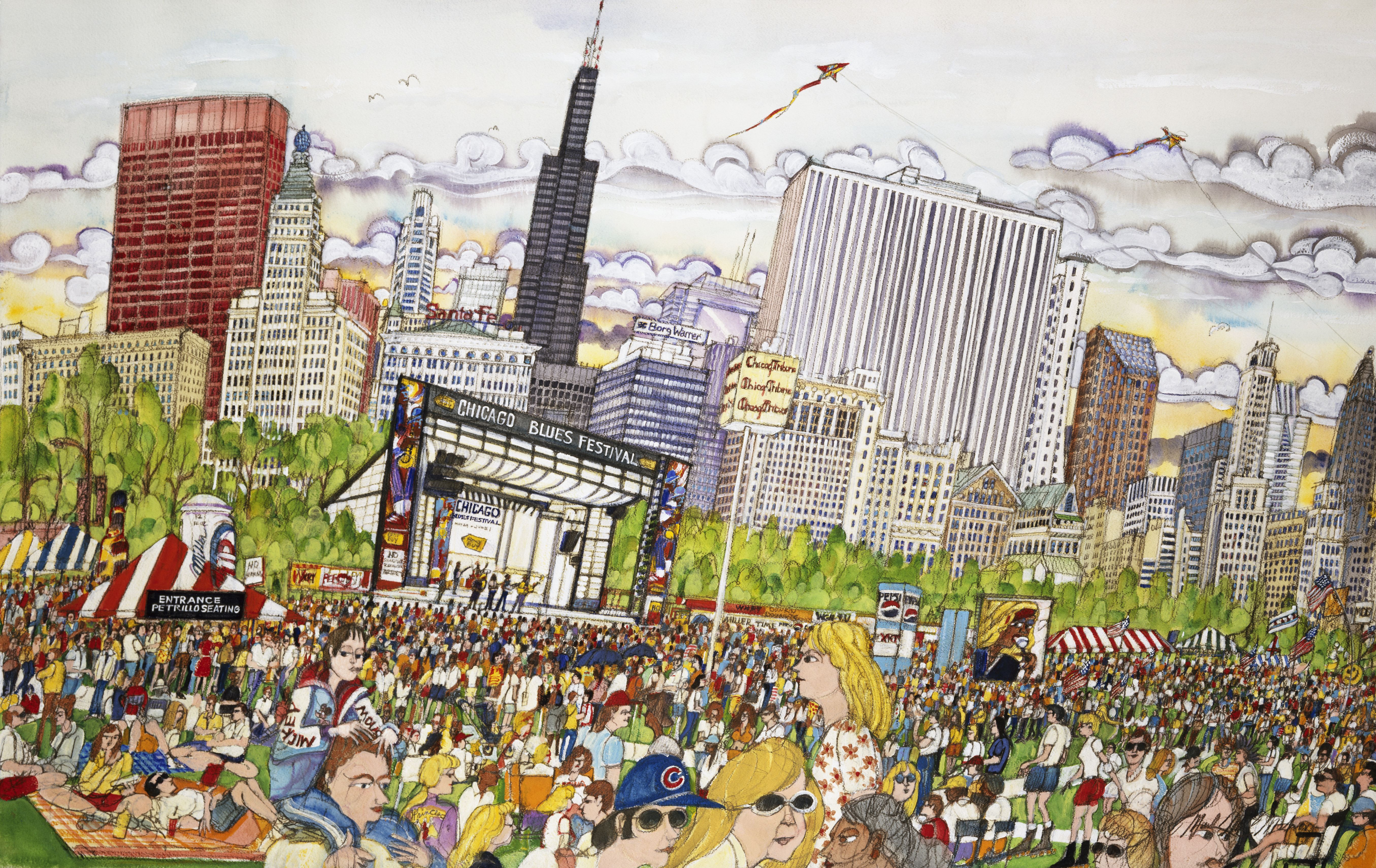Drawing of a music festival with skyscrapers in the background. 