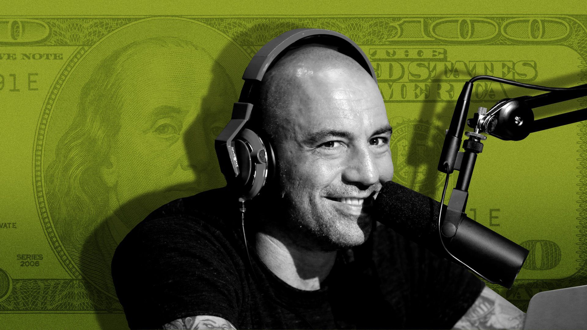 Photo illustration of Joe Rogan at a microphone with a hundred dollar bill behind him